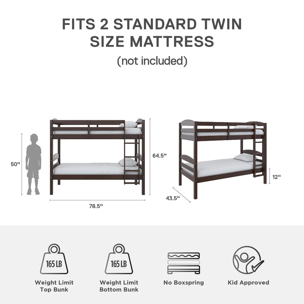  Leighton Solid Wood Twin-over-Twin Convertible Bunk Bed, Mocha