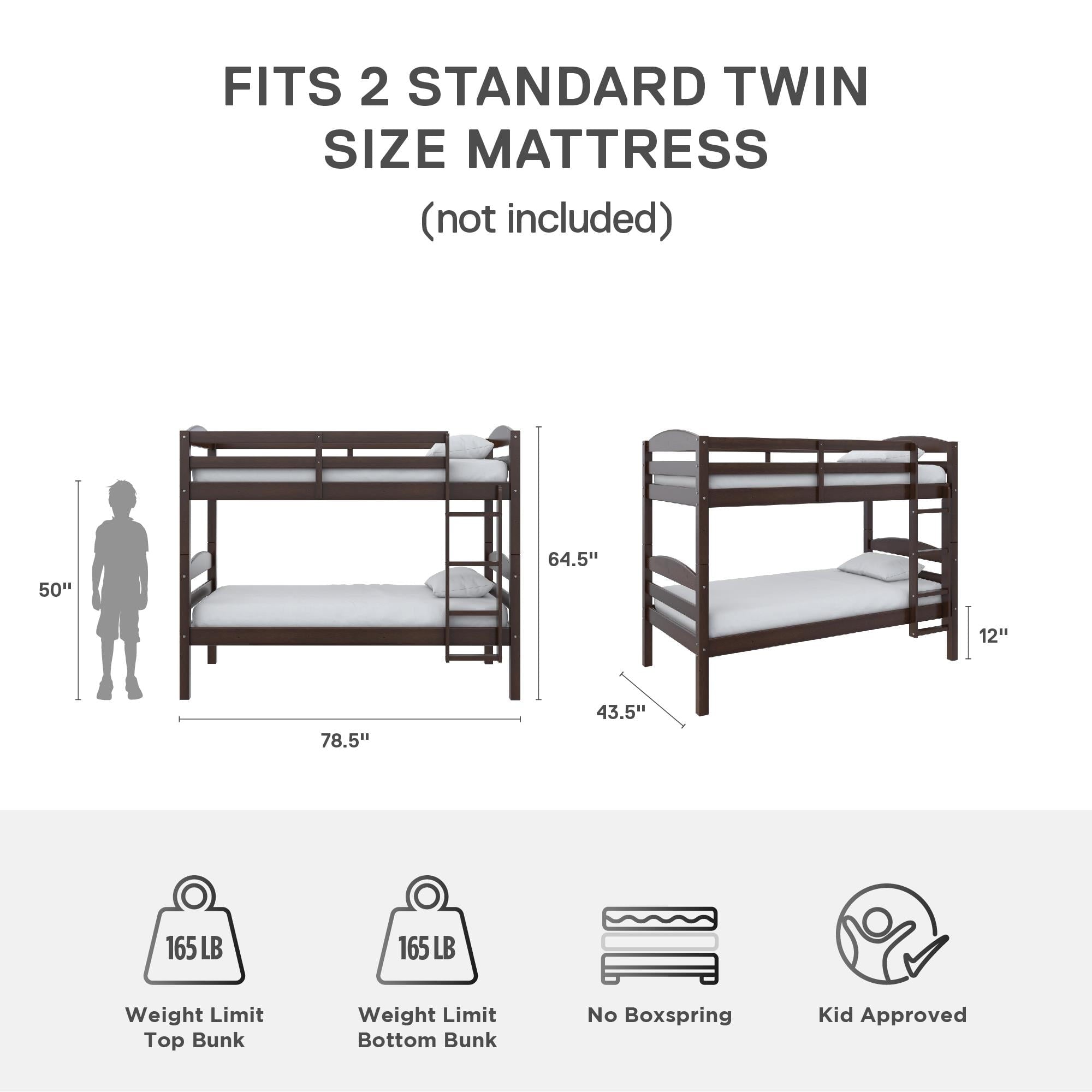  Leighton Solid Wood Twin-over-Twin Convertible Bunk Bed, Mocha