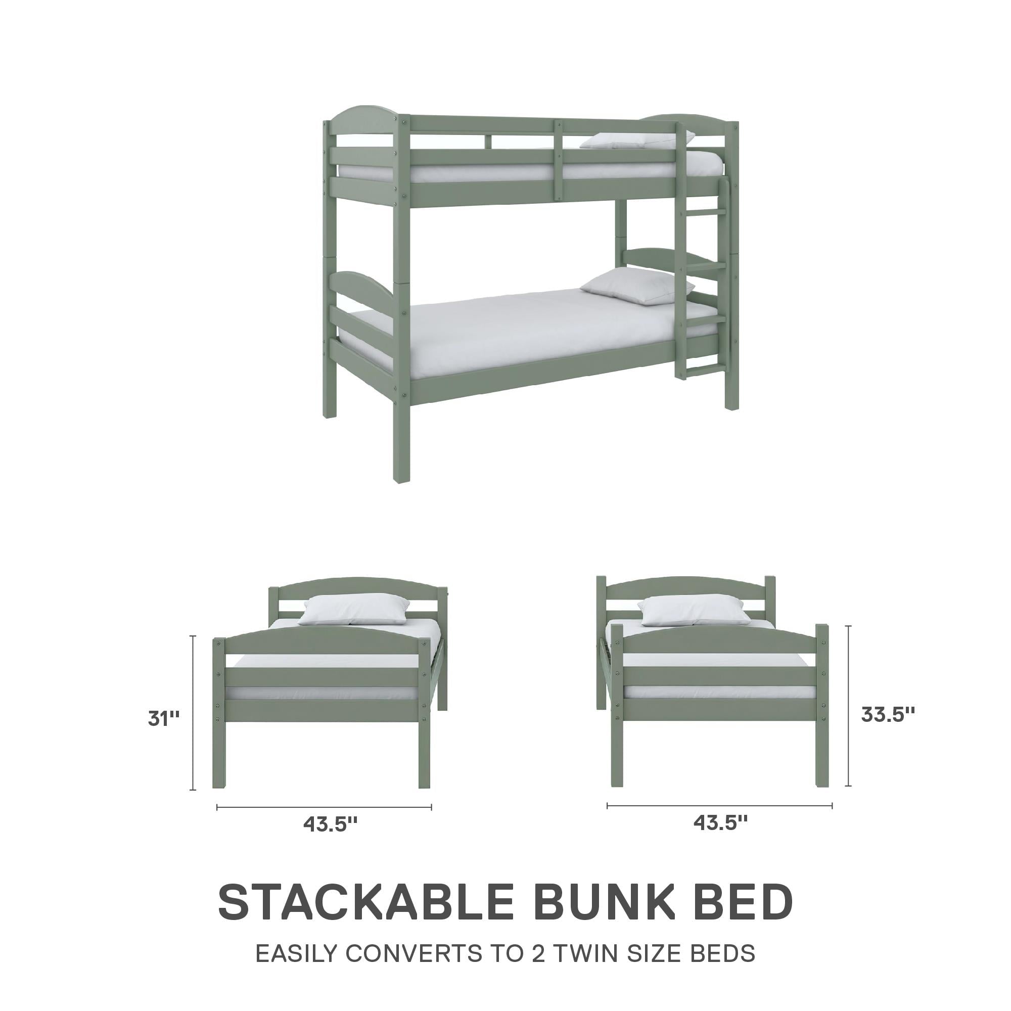 (2 pack)  Leighton Kids Solid Wood Twin-over-Twin Convertible Bunk Bed with Ladder and Guardrails, Sage Green