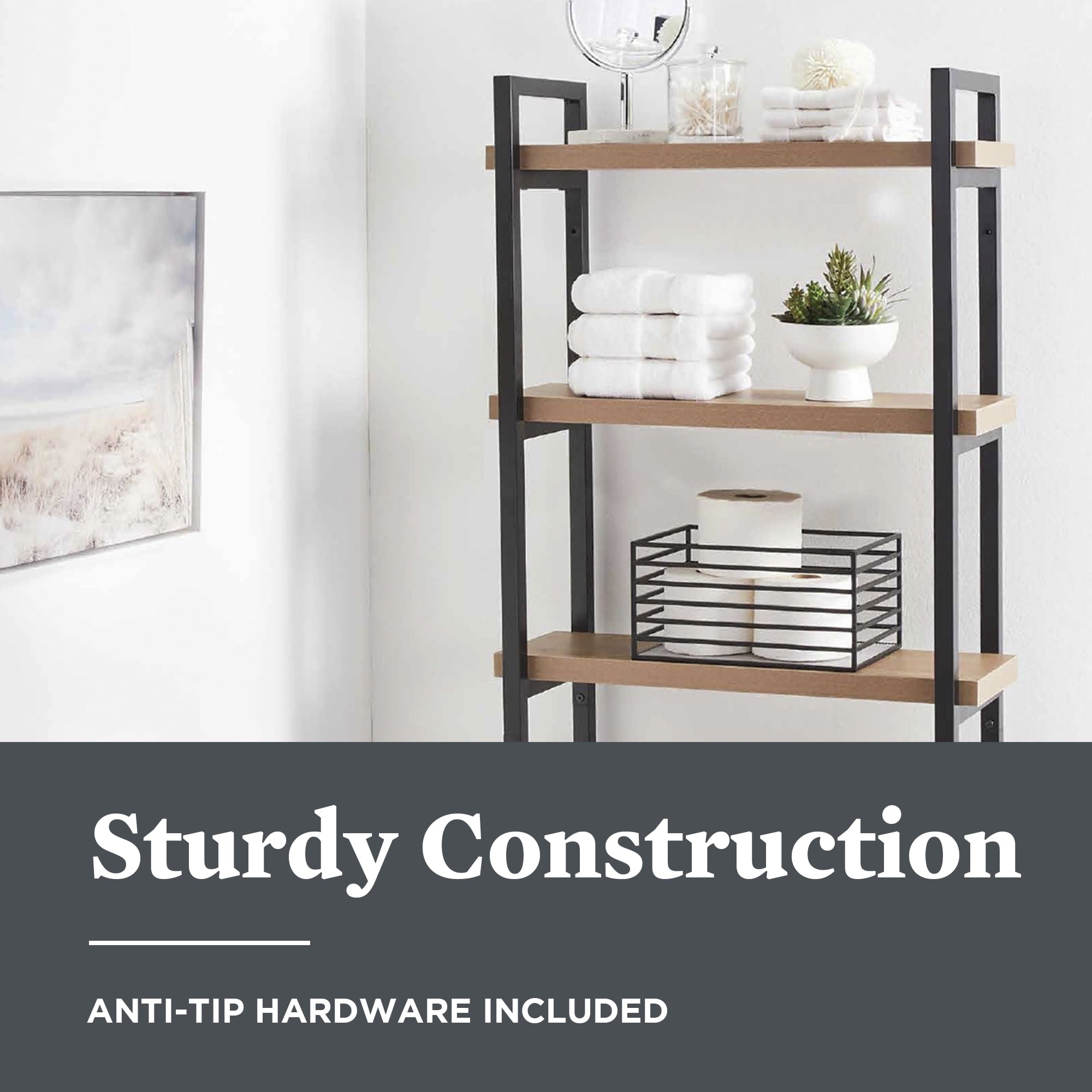  Jace 3-Shelf over-the-Toilet Storage Shelf with Black Frame and Oak Shelves