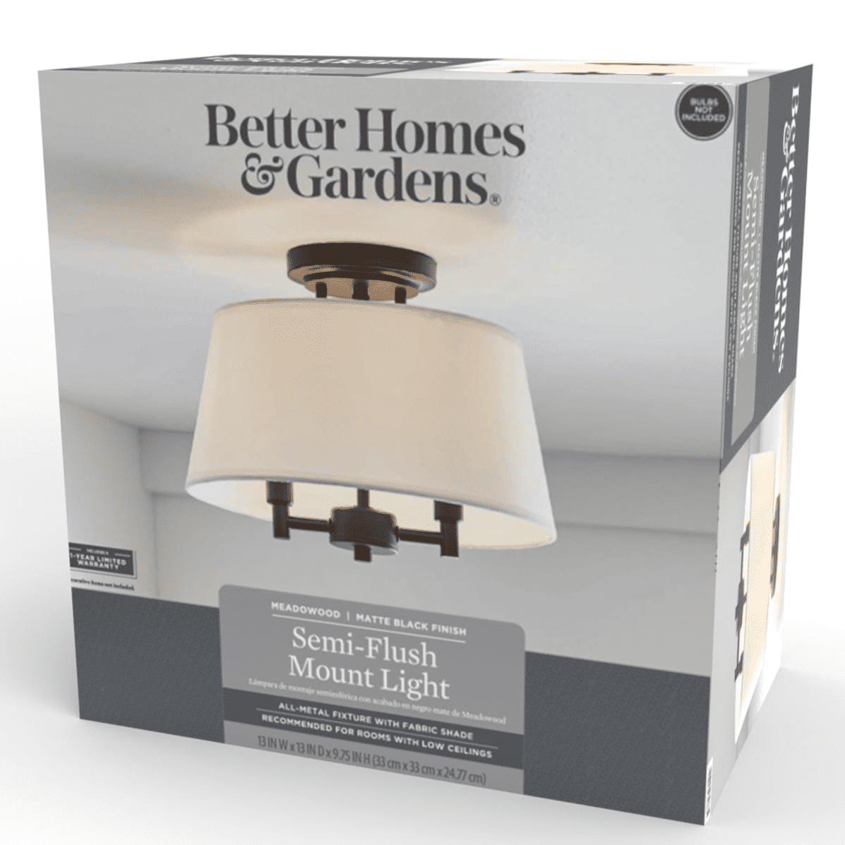  2-Light Matte Black Indoor Flush Mount Light, Fabric Shade, Bulbs Included