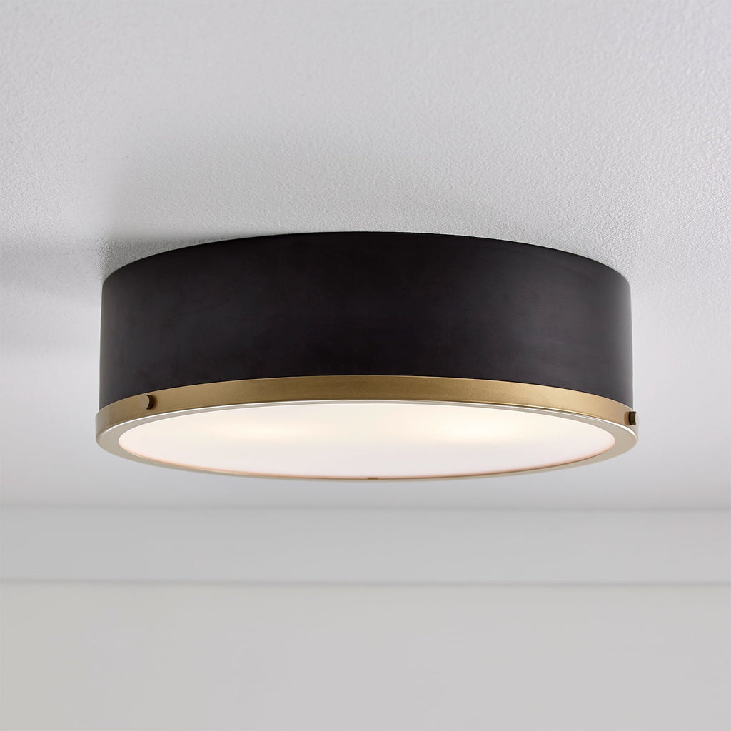  Irving Park 2-Light Flush Mount, Matte Black Finish, Burnished Brass Accents, Frosted Glass Shade, LED Bulbs Included