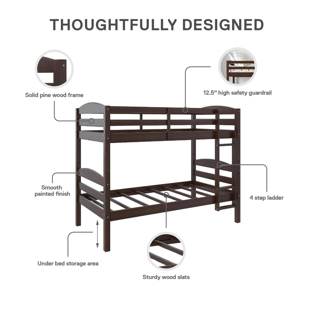  Leighton Solid Wood Twin-over-Twin Convertible Bunk Bed, Mocha