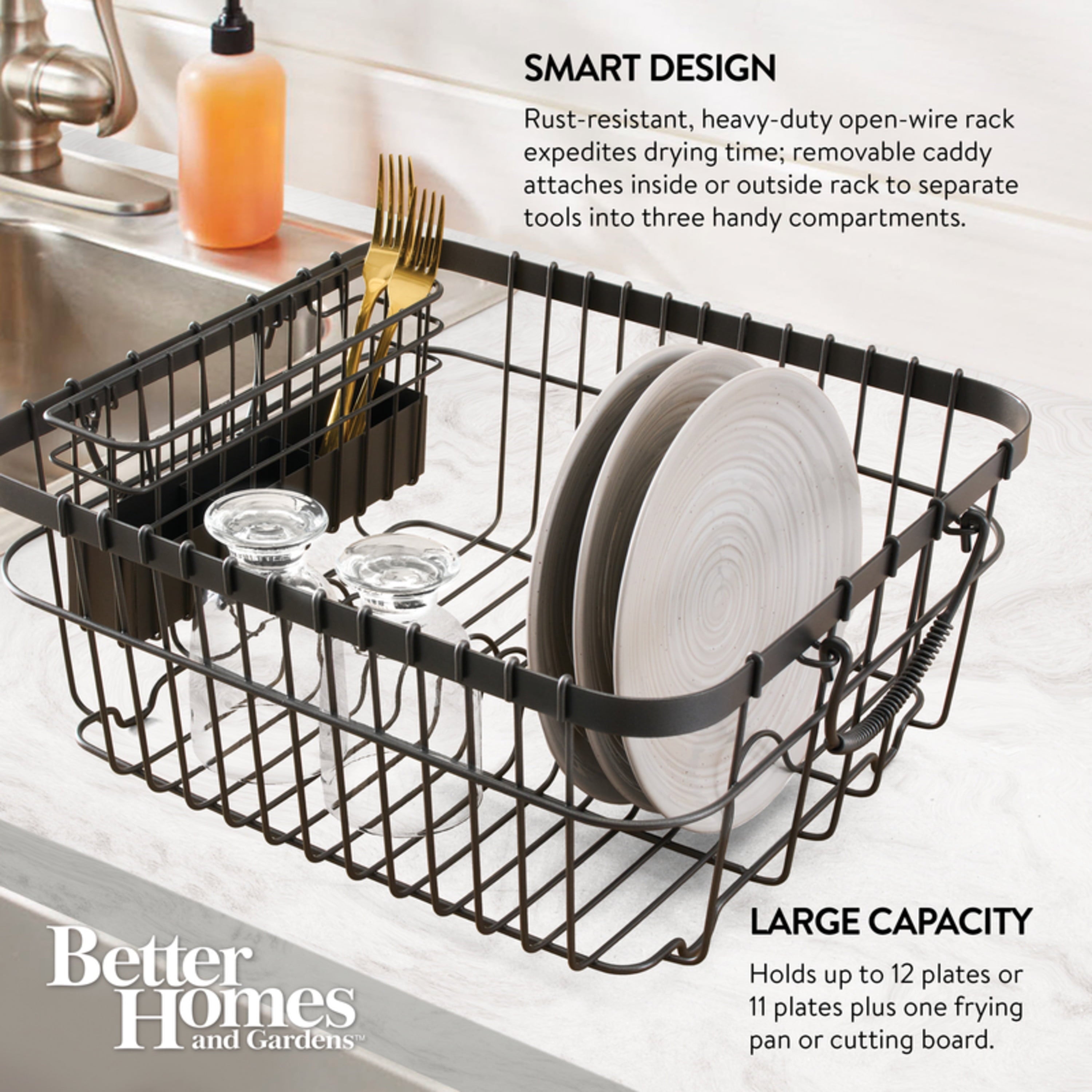  Metal Dish Rack with Caddy, Antique Gray, Best Used for Dish Drying and Sink Organization