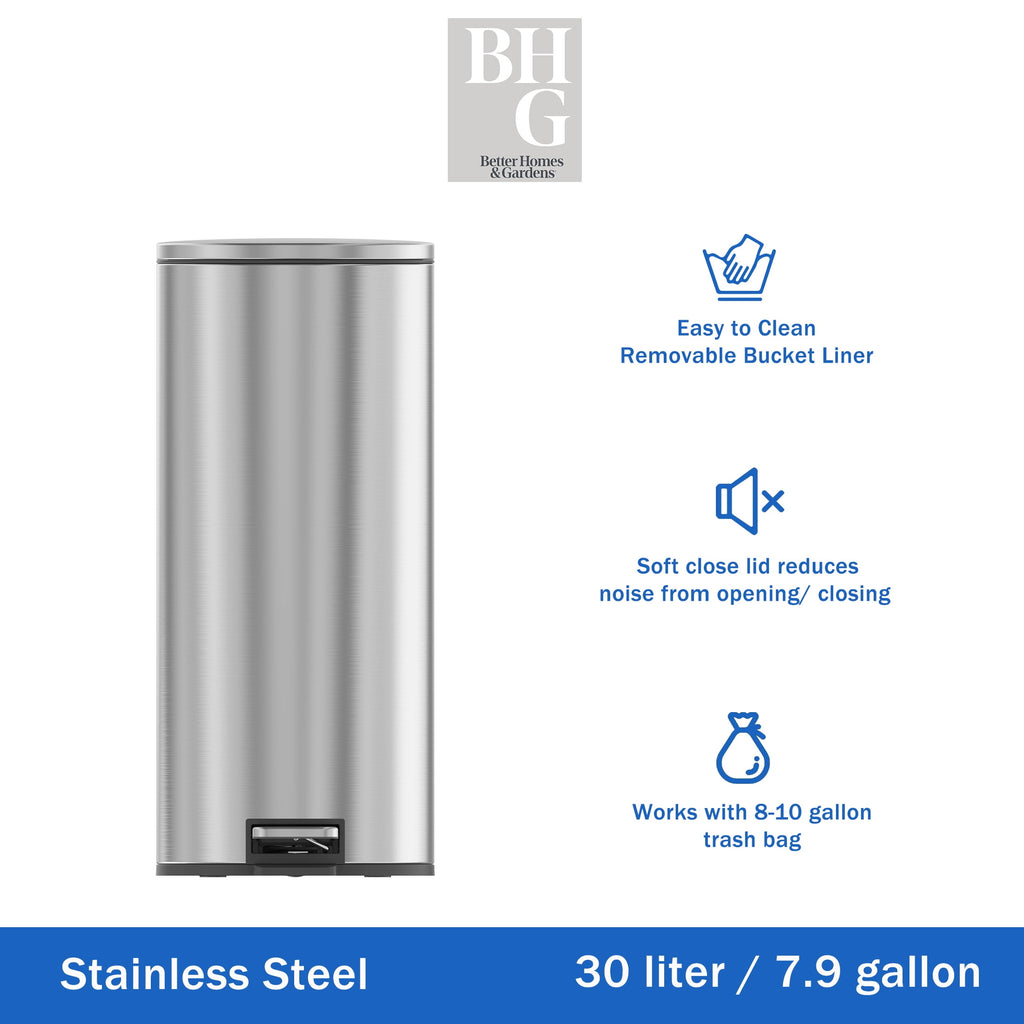  Kitchen Trash Can, 7.9 Gallon Stainless Steel Round Step Garbage Bin with Soft Close Lid, Silver