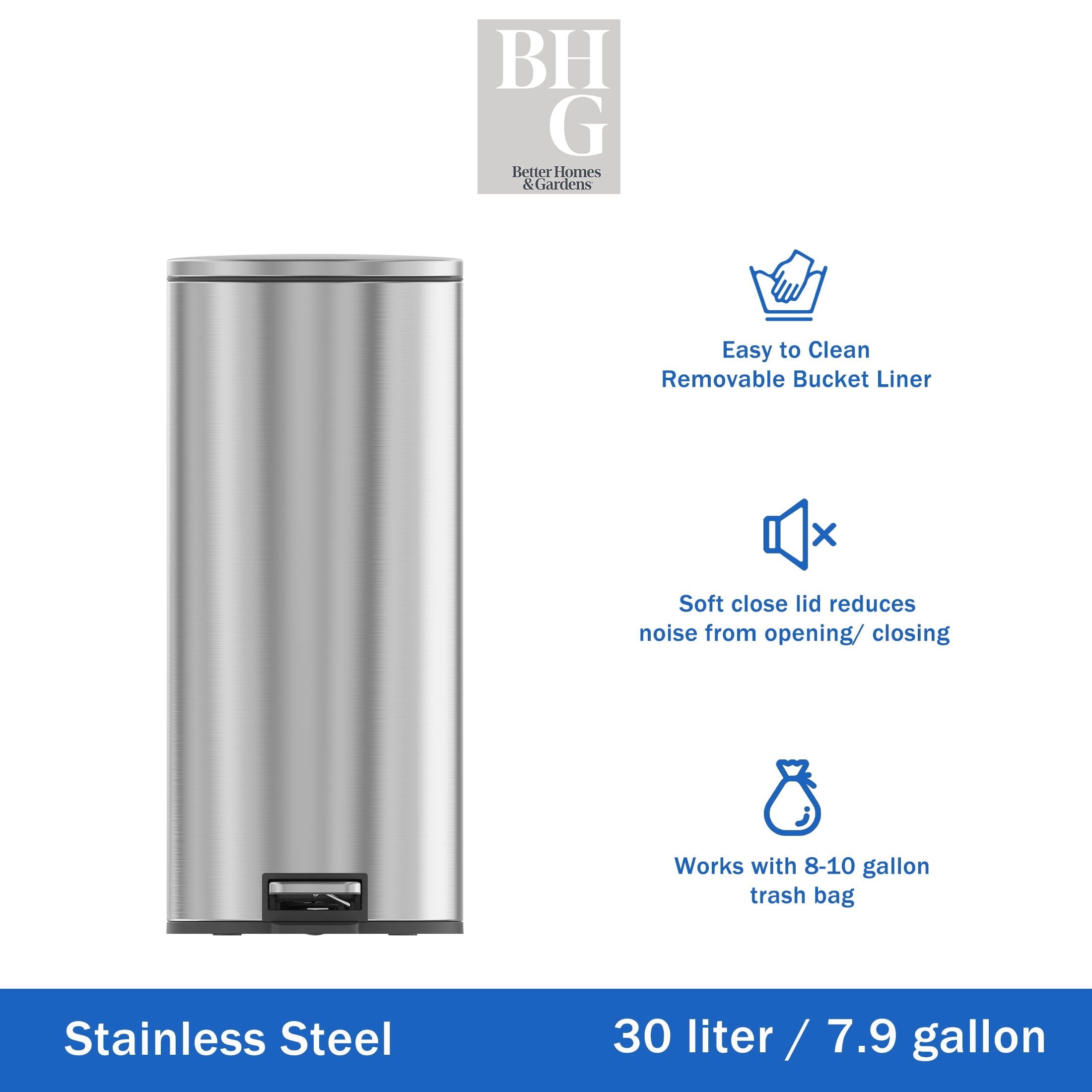  Kitchen Trash Can, 7.9 Gallon Stainless Steel Round Step Garbage Bin with Soft Close Lid, Silver