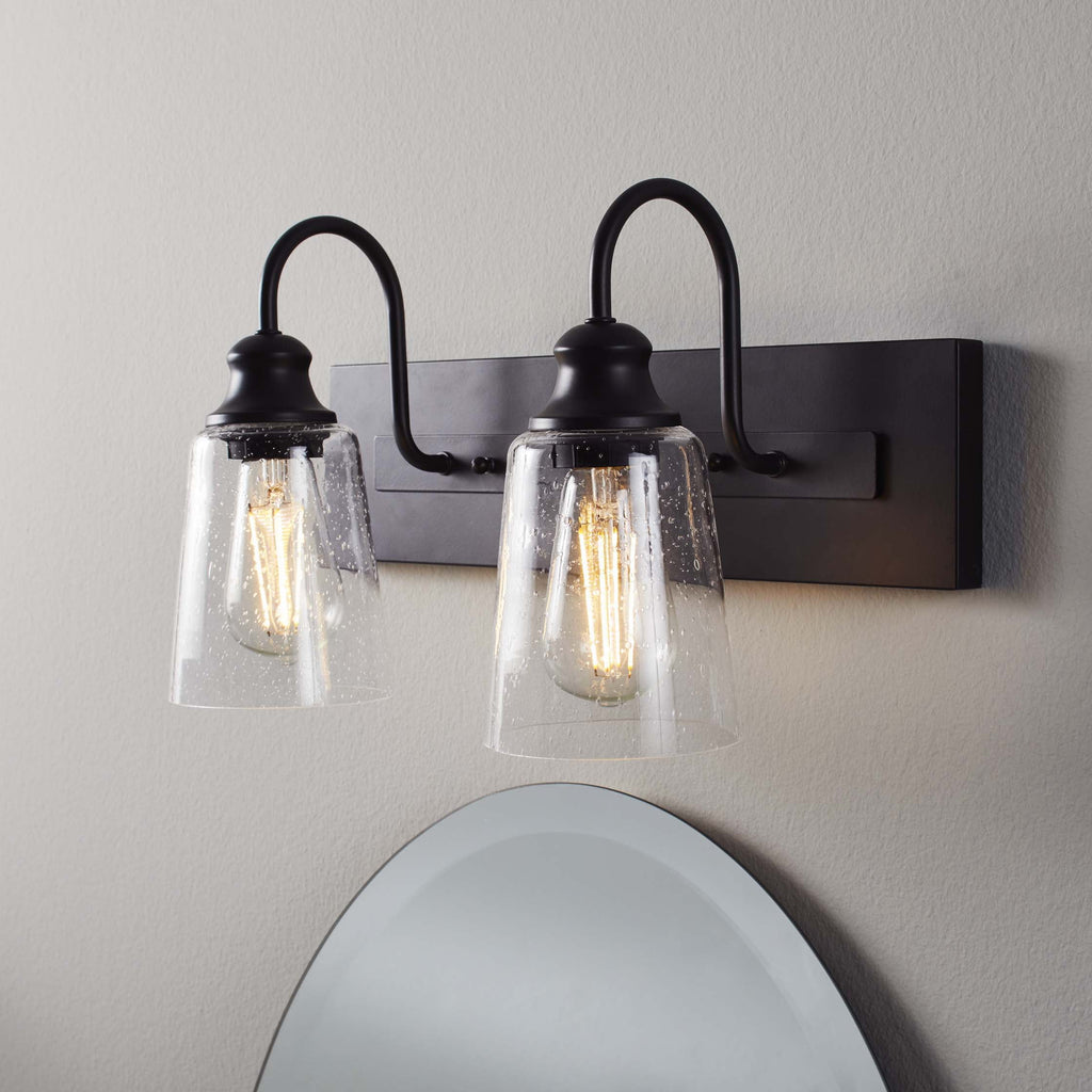 16" Farmhouse 2-Light Bronze Vanity Light, Metal Fixture Seeded Glass Shades