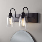  16" Farmhouse 2-Light Bronze Vanity Light, Metal Fixture Seeded Glass Shades