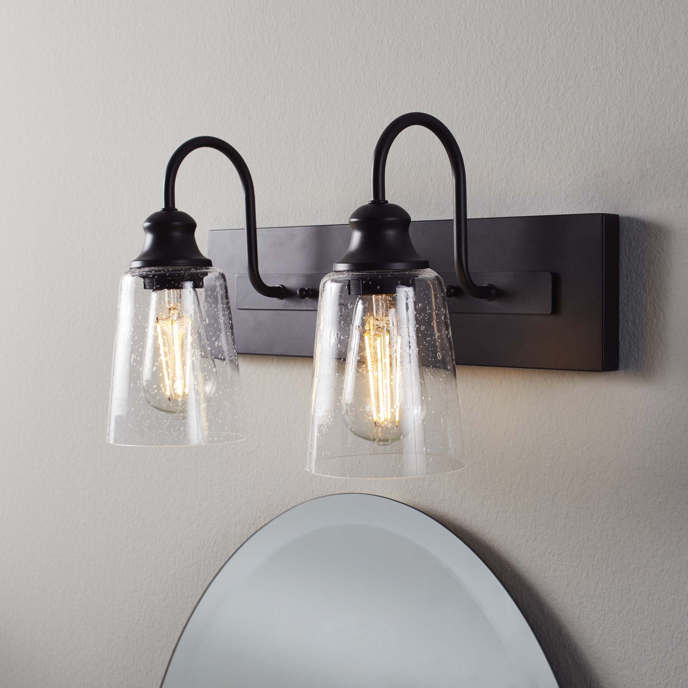  16" Farmhouse 2-Light Bronze Vanity Light, Metal Fixture Seeded Glass Shades