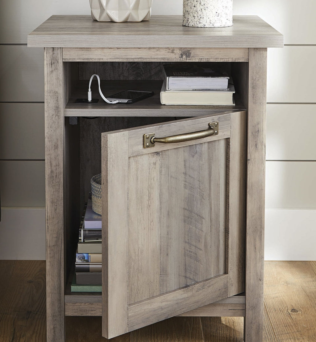  Modern Farmhouse Side Table with USB, Rustic Gray Finish
