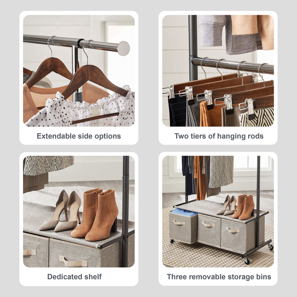  2-Tier Metal Rolling Garment Rack with 3 Drawer Closet Organizer, Gray