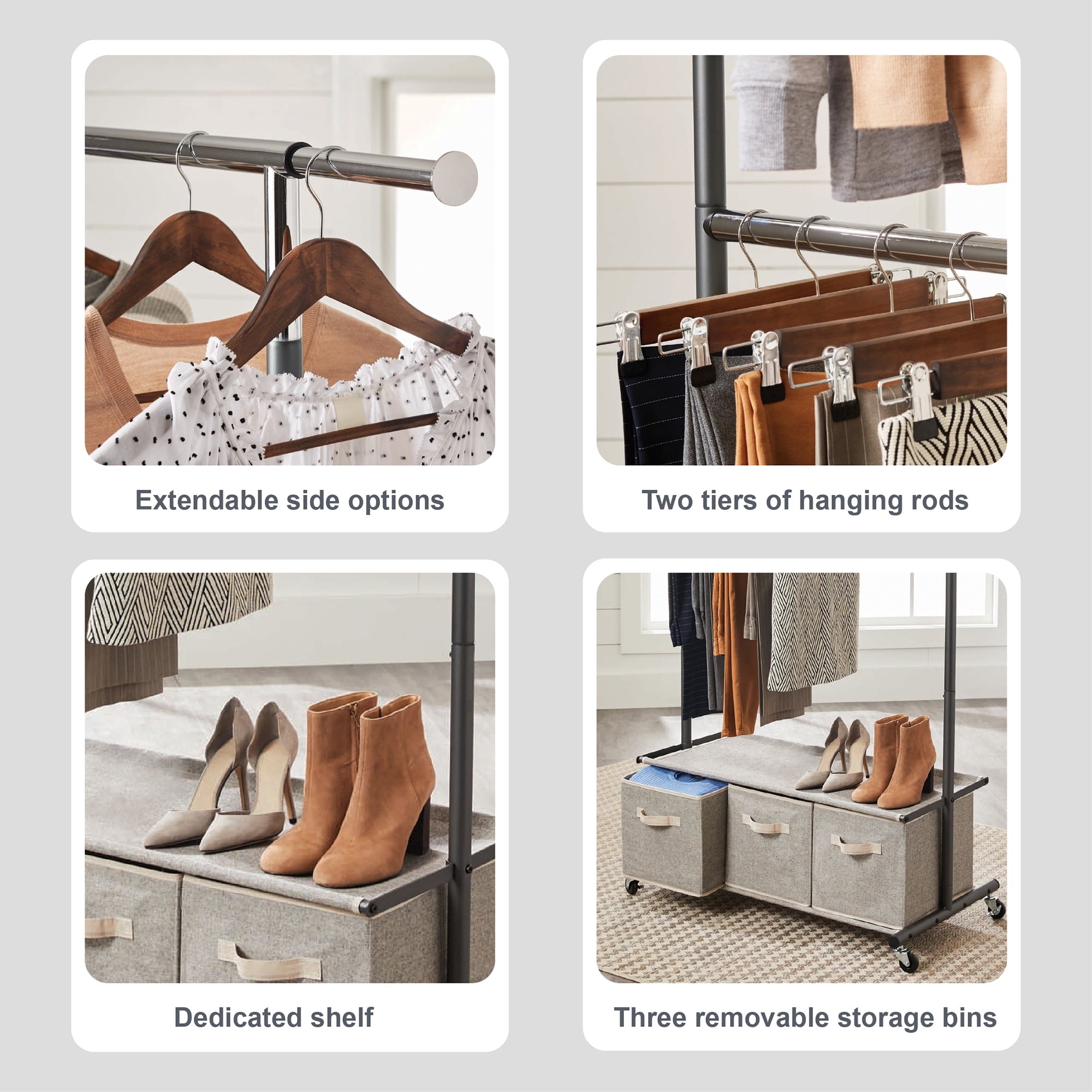 2-Tier Metal Rolling Garment Rack with 3 Drawer Closet Organizer, Gray