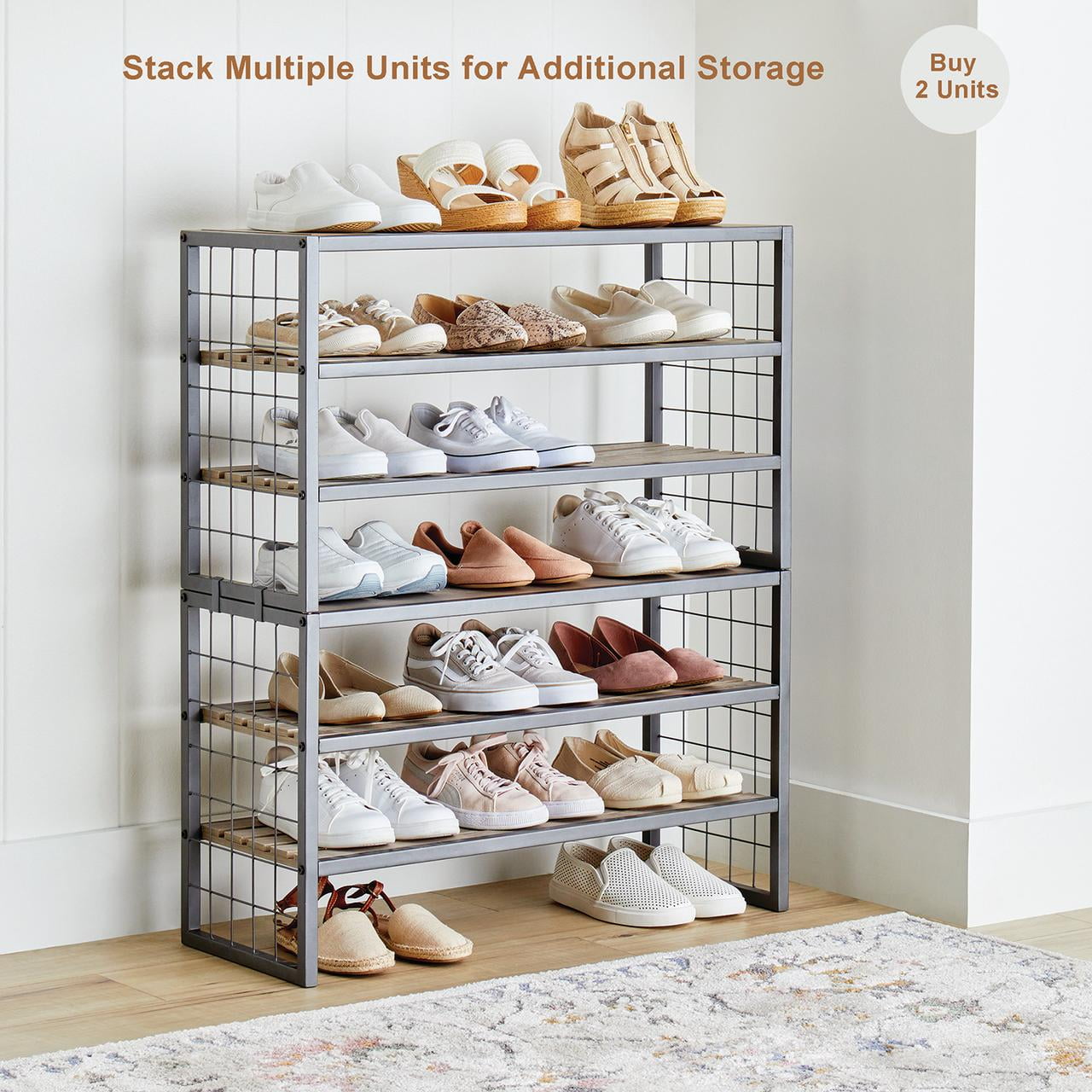  Decorative Gunmetal Grey Wood and Metal Shoe Rack