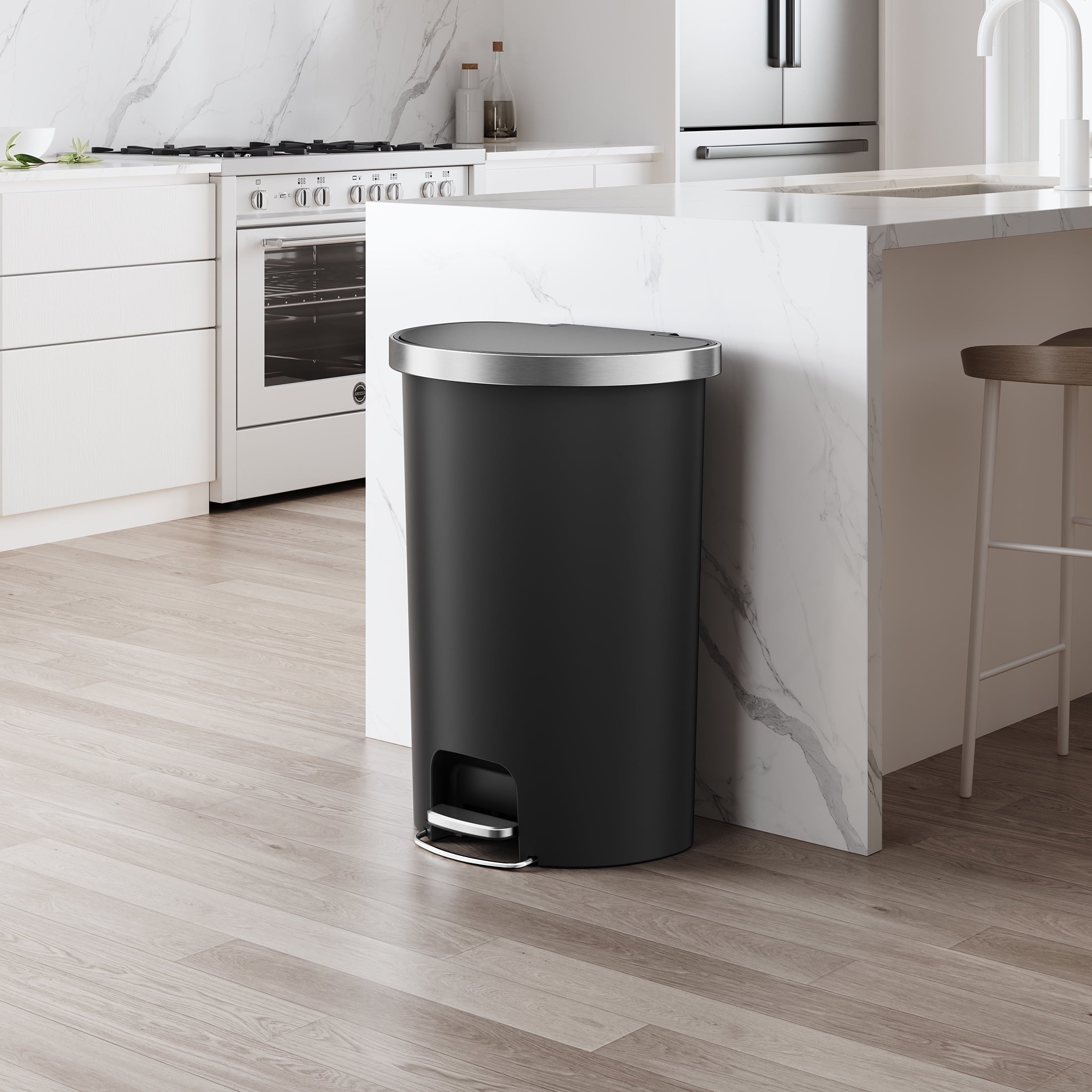  Large Kitchen Trash Can, 14.5 Gallon Plastic Semi Round Step Garbage Bin with Soft Close Lid, Black