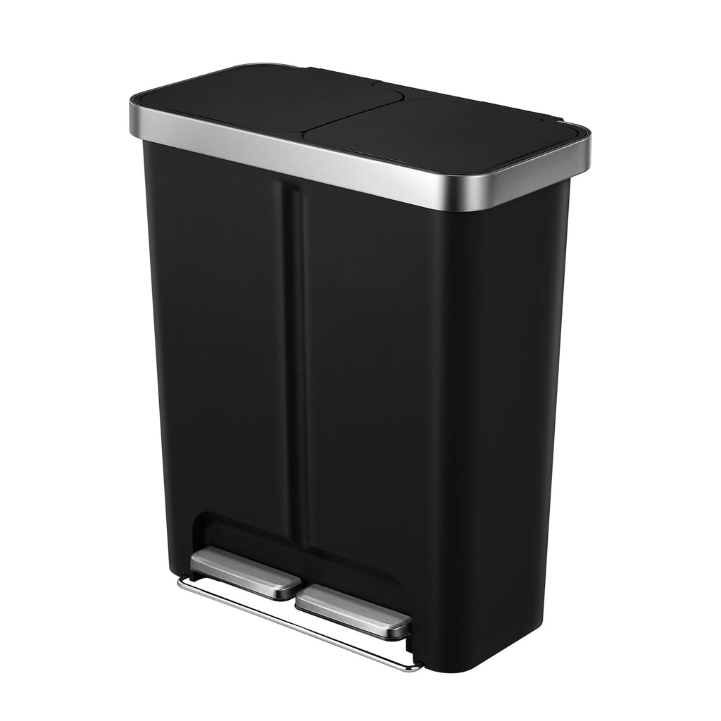  Kitchen Recycle Trash Can, 16 Gallon Plastic Dual Compartment Step Garbage Bin, Black