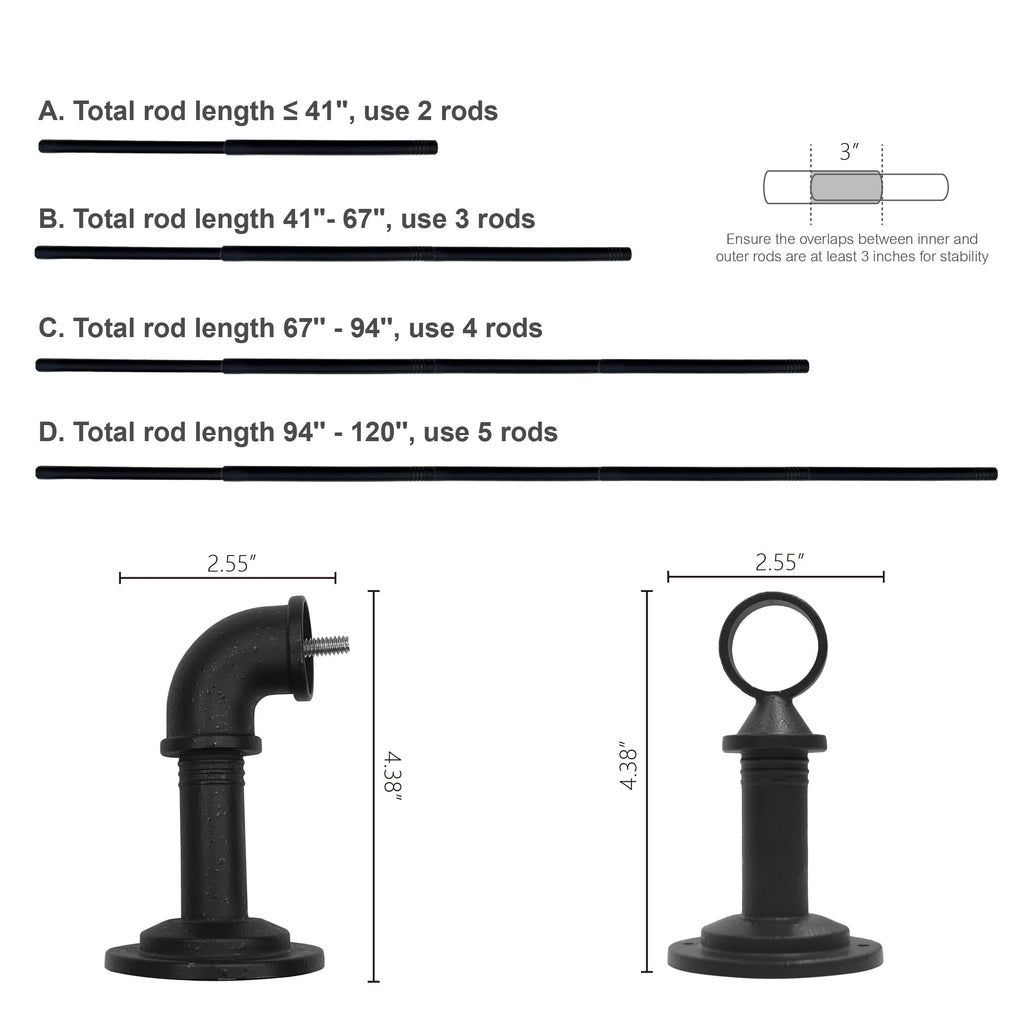 1" Wrought Iron Finish Industrial Pipe Single Curtain Rod 32-120"