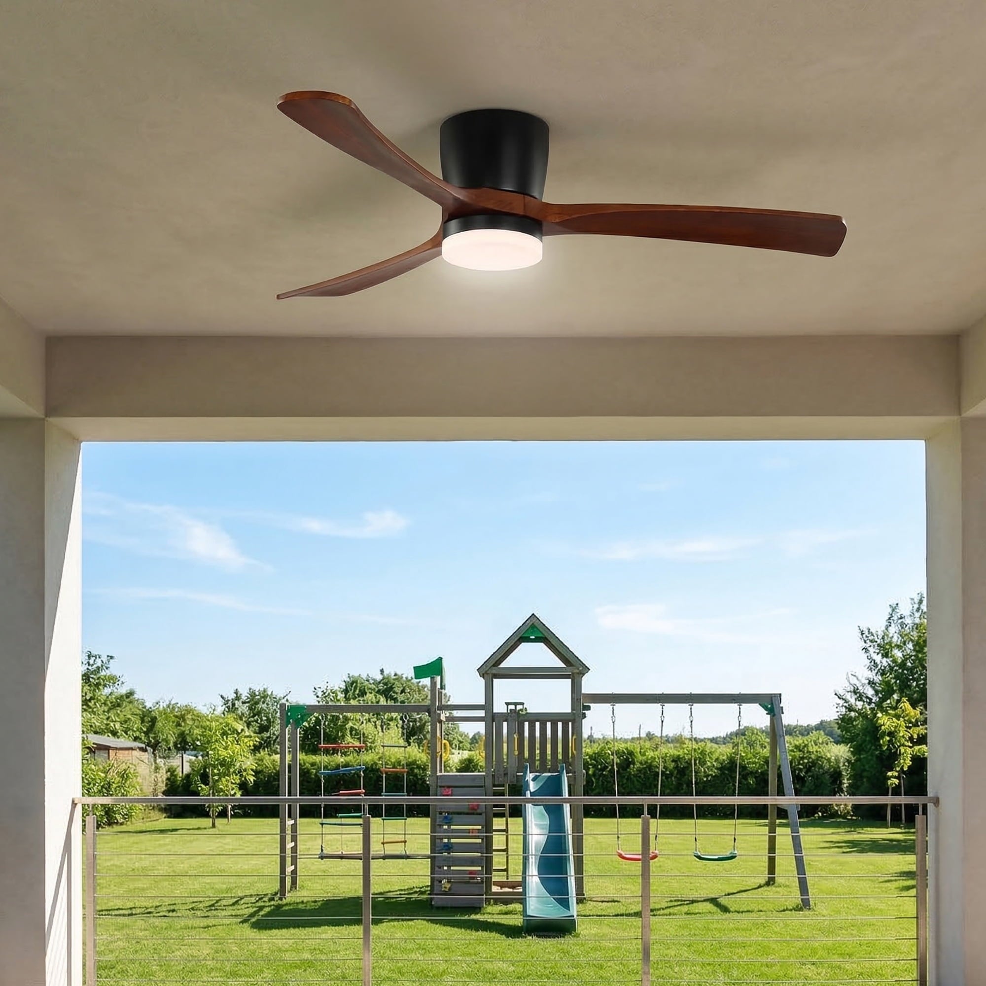  52" Hayden Matte Black Indoor/Outdoor Hugger Ceiling Fan with Light Kit and Remote Control