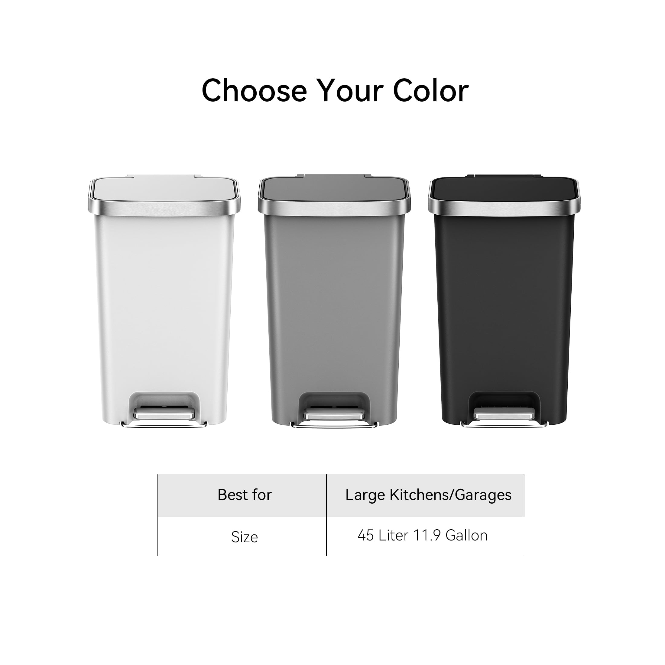  Kitchen Trash Can, 11.9 Gallon Plastic Step Garbage Bin with Soft Close Lid, Black