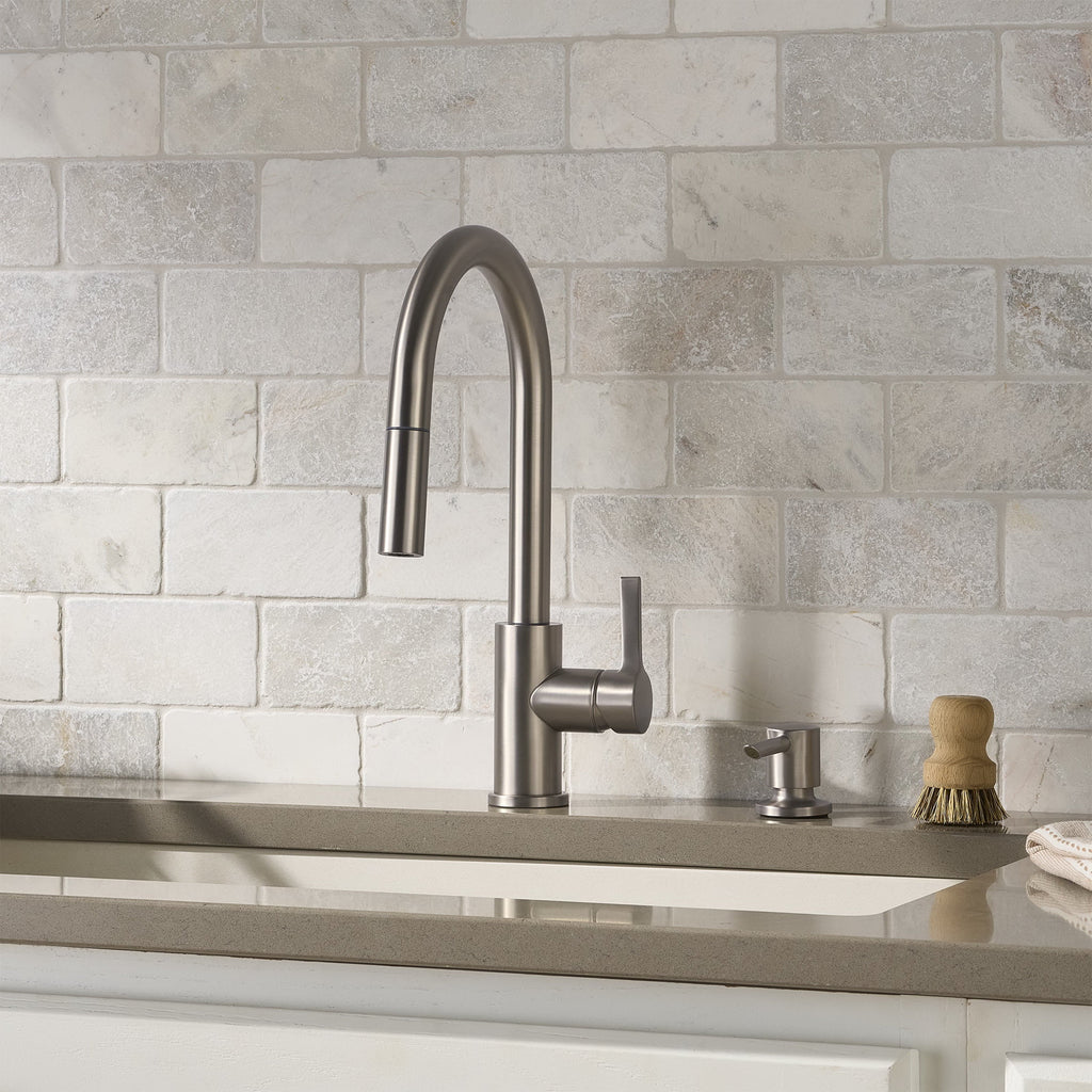  Pull Down Kitchen Faucet with Soap Dispenser in Satin Nickel
