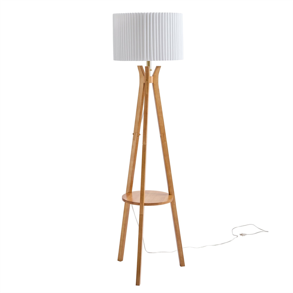  63" Natural Wood Tripod Floor Lamp with Pleated Shade