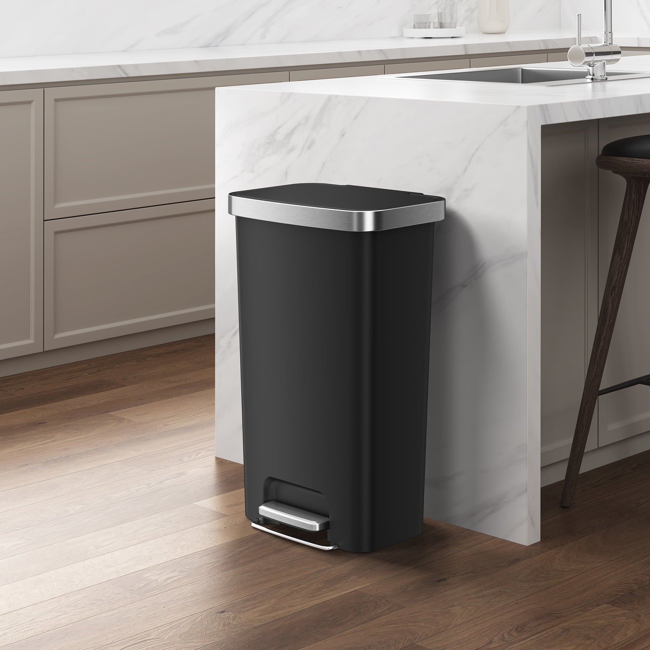  Kitchen Trash Can, 11.9 Gallon Plastic Step Garbage Bin with Soft Close Lid, Black