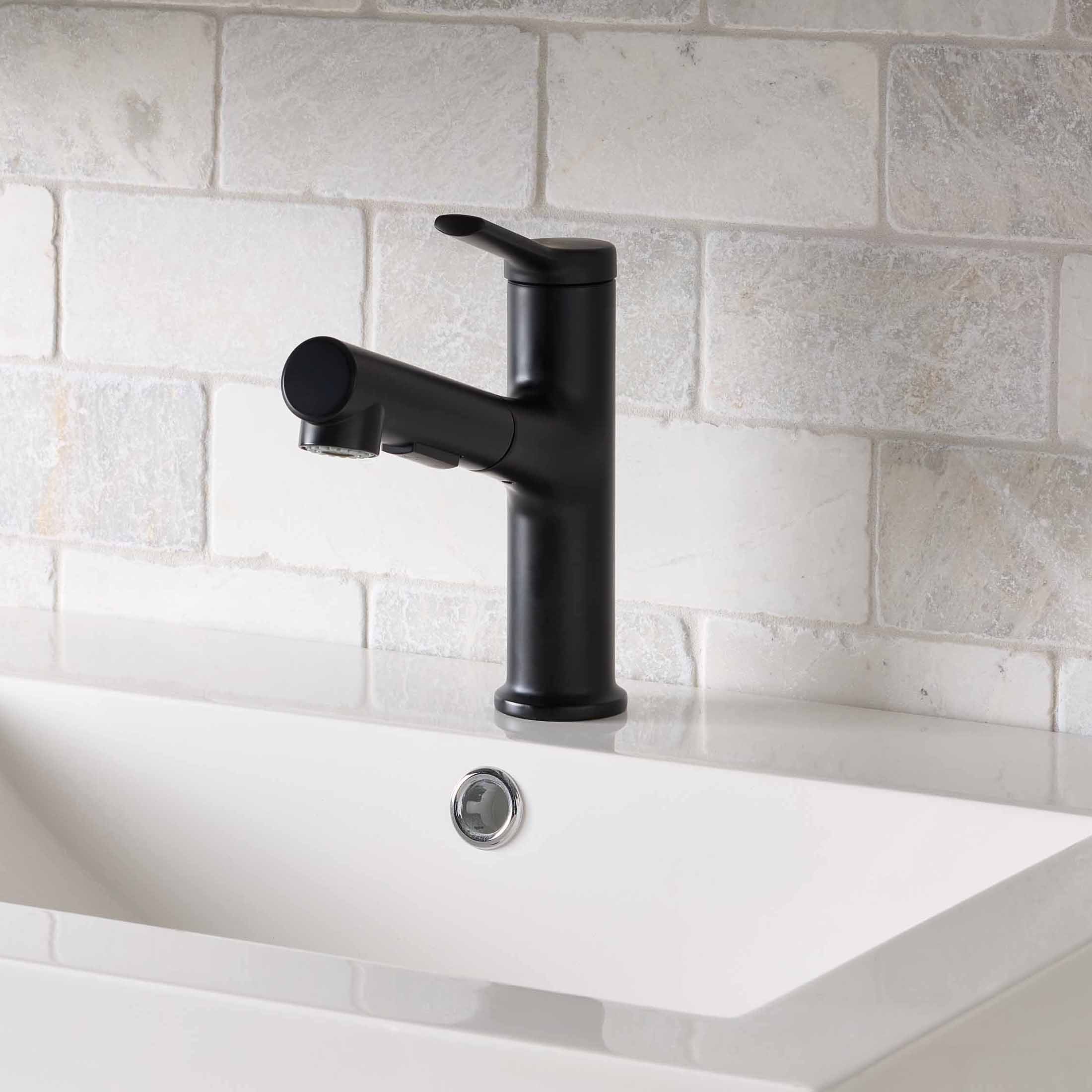  Pull-Out Bathroom Sink Faucet with Pop-up Drain and Optional Deckplate, Matte Black