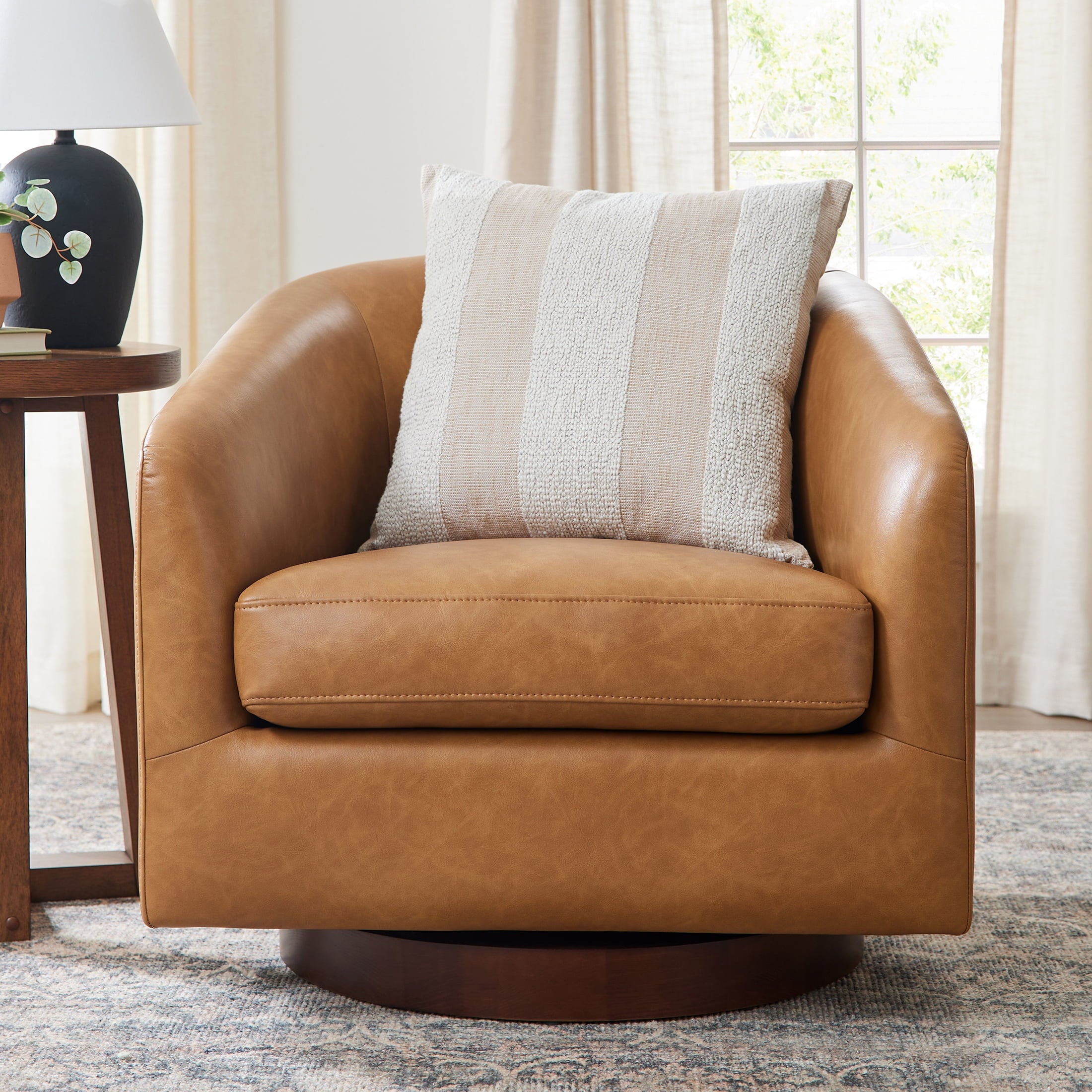 Bradford Wooden Base Swivel Accent Chair, Chestnut Faux Leather