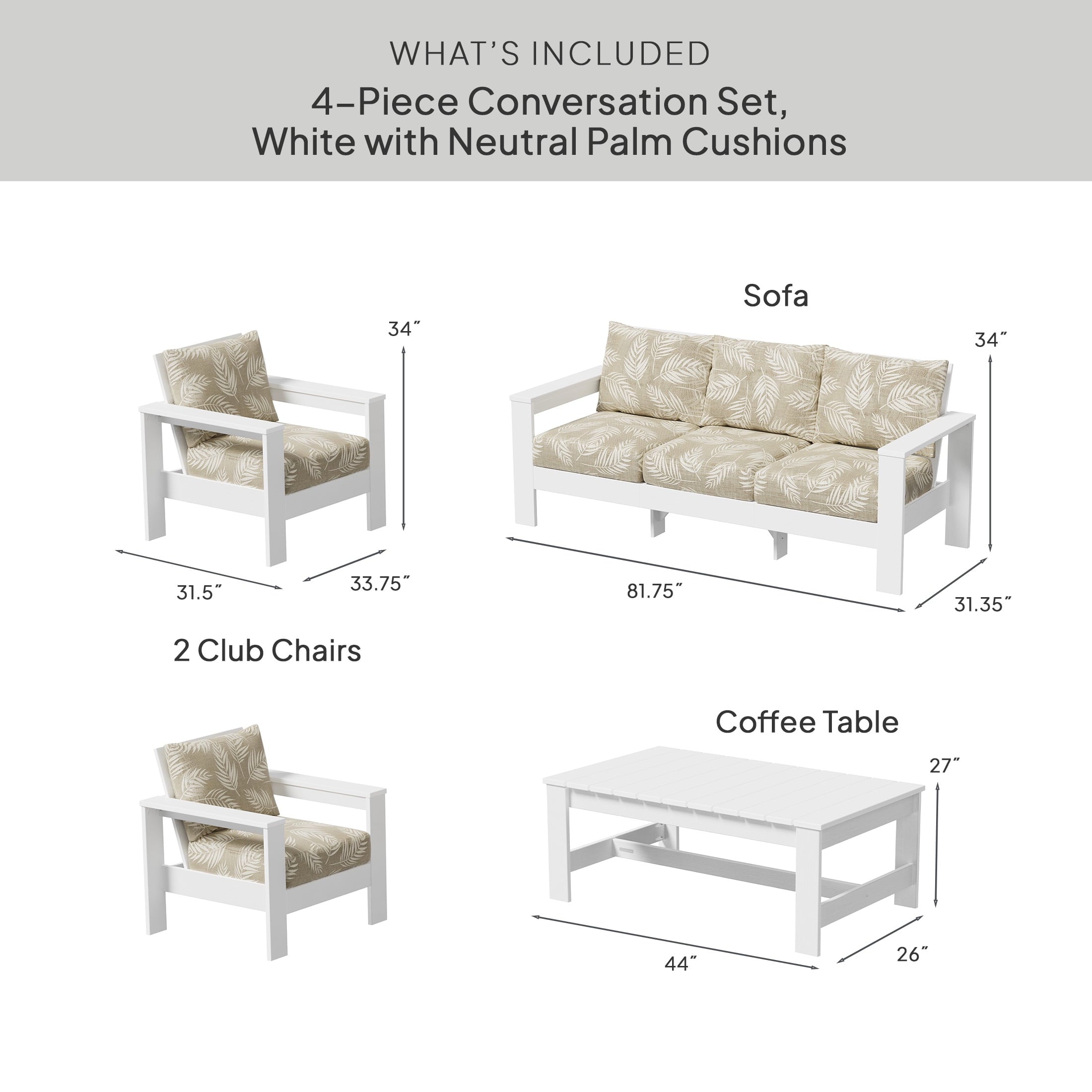  Ezra 4-Piece Outdoor HDPE Conversation Set, White with Neutral Palm Cushions