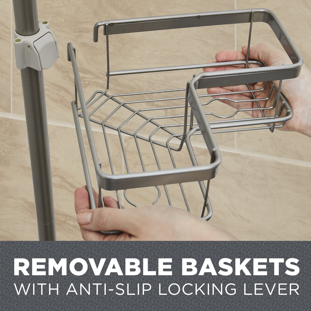  Adjustable Tension Steel Shower Pole Caddy, 4 Shelves, Satin Nickel