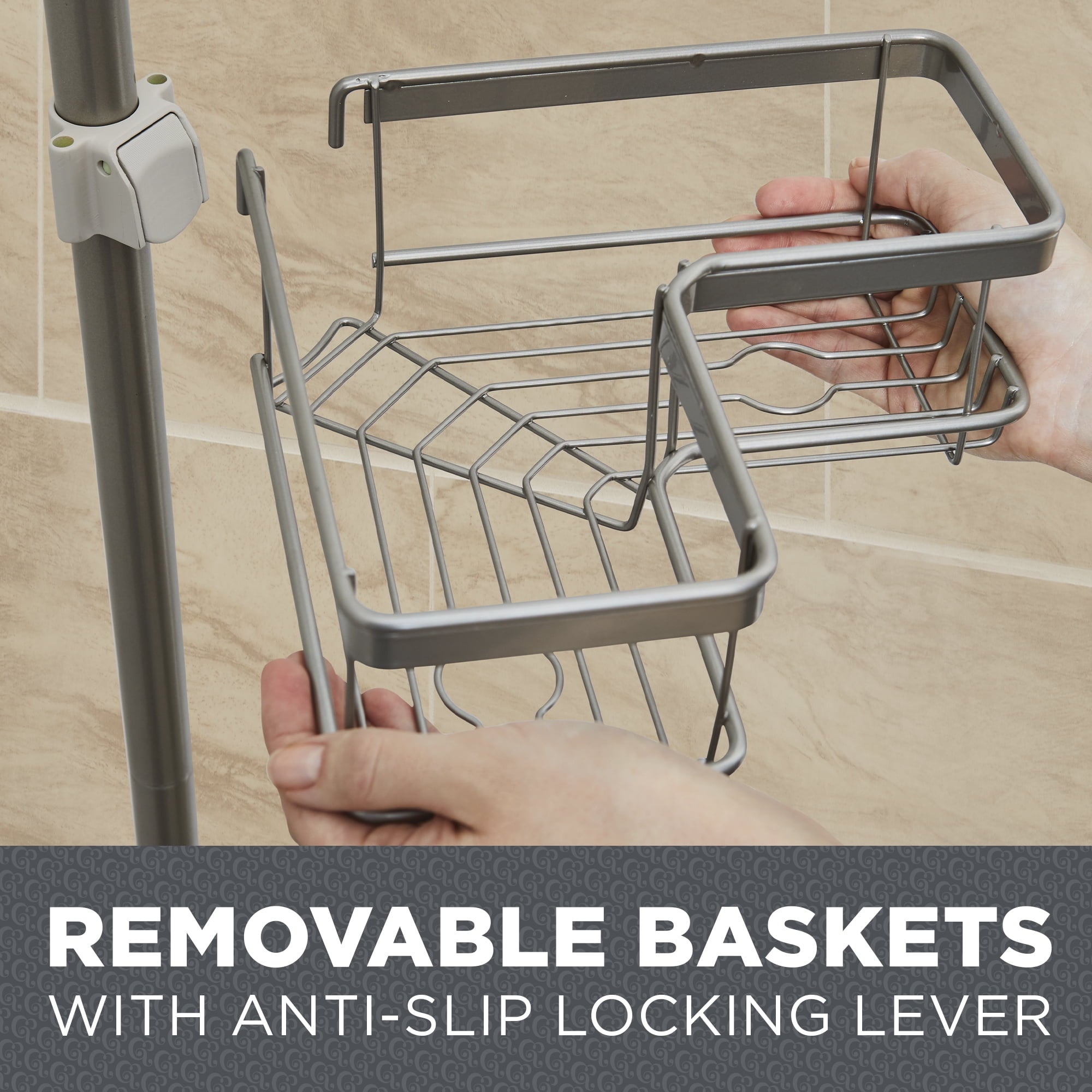  Adjustable Tension Steel Shower Pole Caddy, 4 Shelves, Satin Nickel