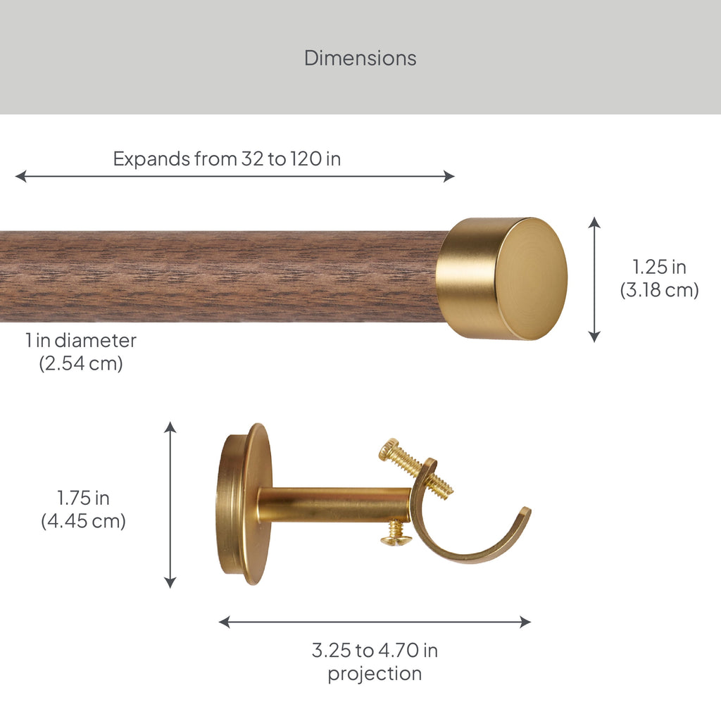  1� Walnut Wood and Brass Endcap Adjustable Single Curtain Rod, 32-120�