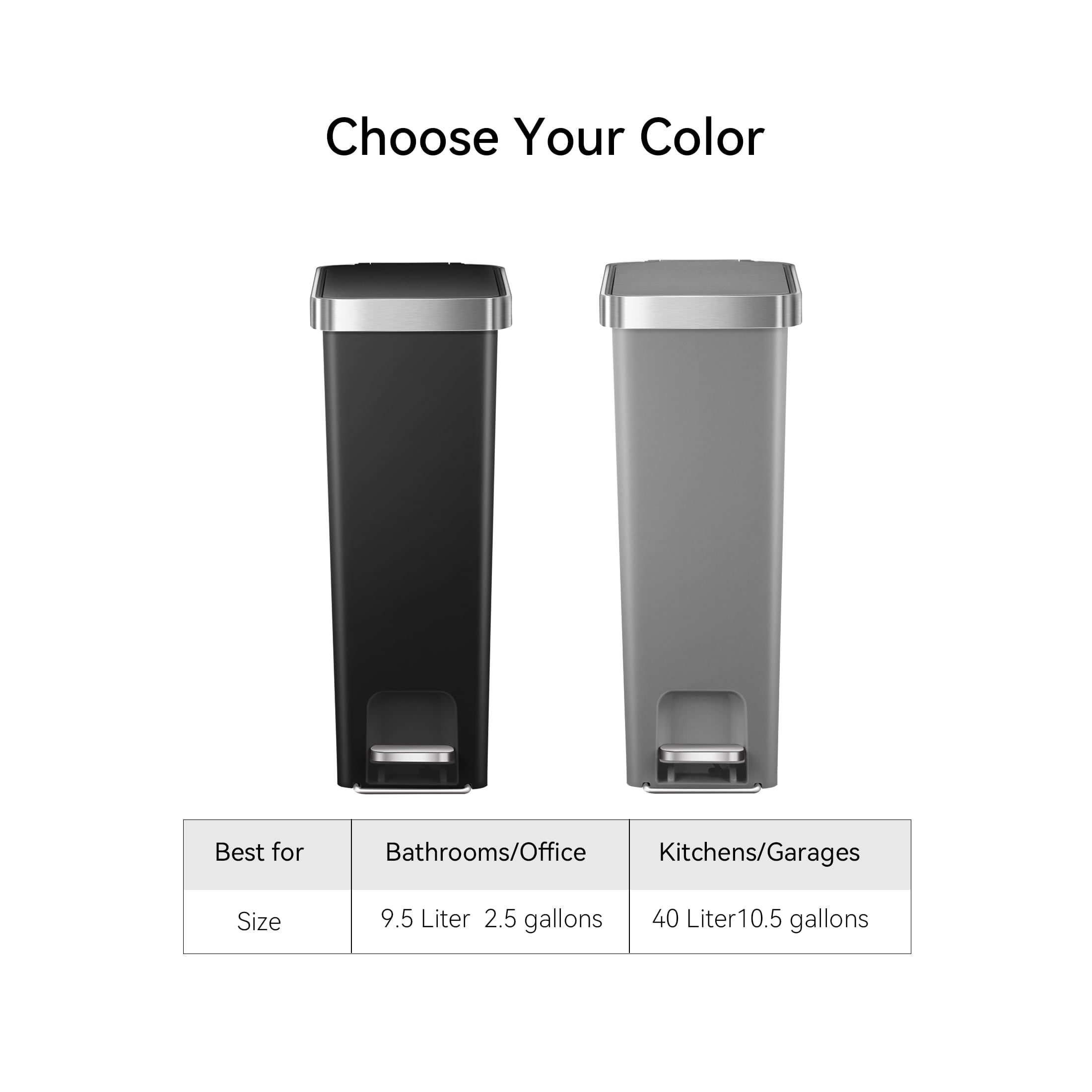  Slim Kitchen Trash Can, 10.5 Gallon Plastic Step Garbage Bin with Soft Close Lid, Black