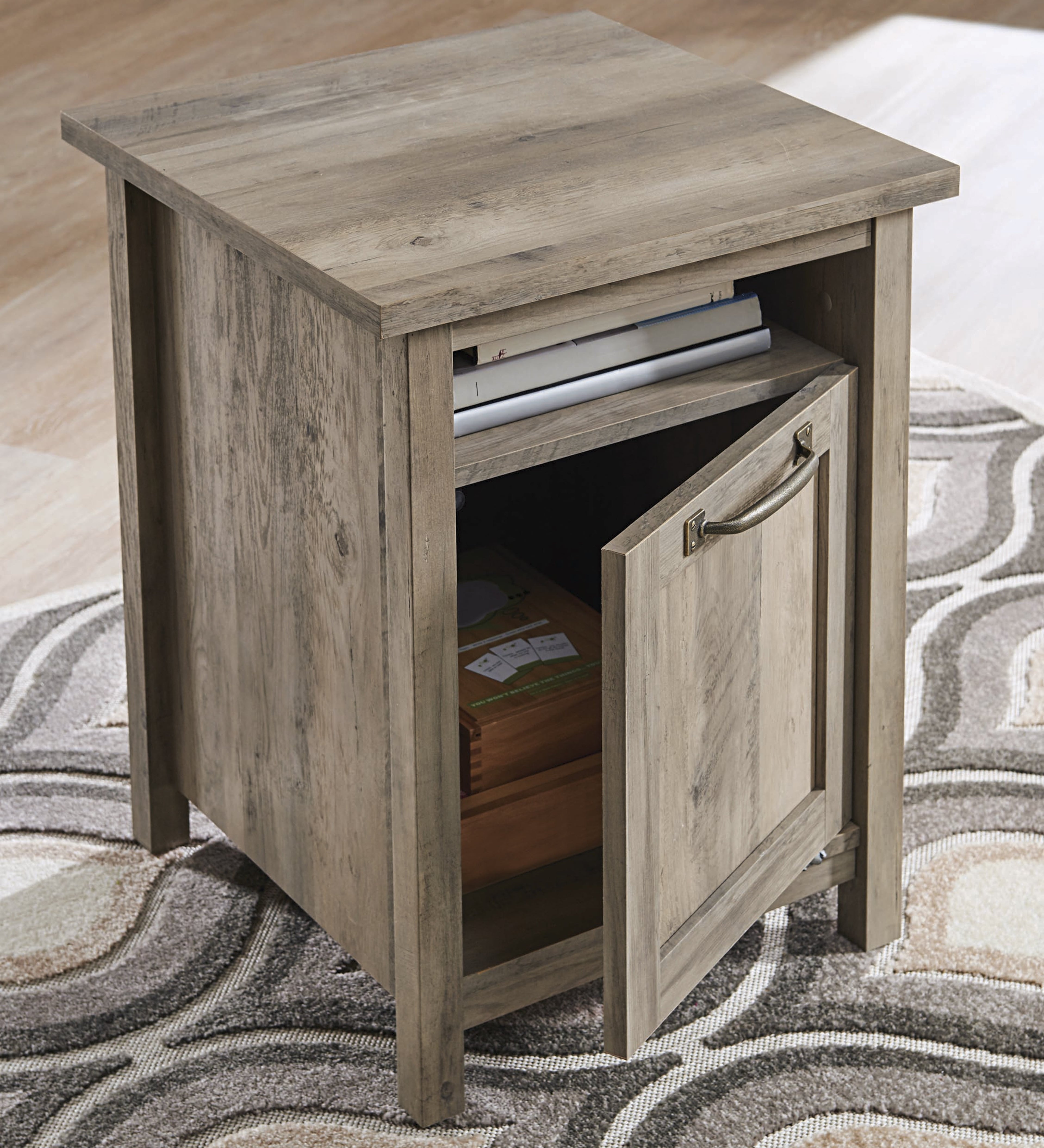  Modern Farmhouse Side Table with USB, Rustic Gray Finish