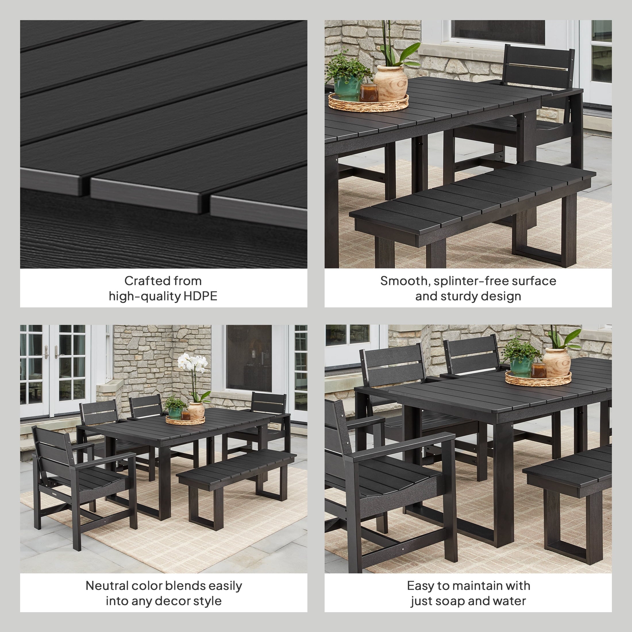  Ezra 6-Piece Outdoor HDPE Dining Set with Bench, Black