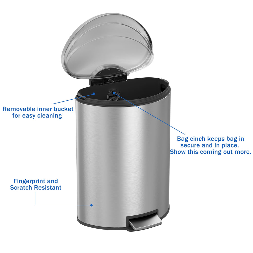  Kitchen Trash Can, 14.5 Gallon Stainless Steel Semi Round Step Garbage Bin with Soft Close Lid, Silver