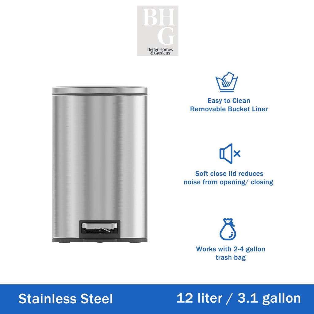 Bathroom Trash Can, 3.1 Gallon Small Stainless Steel Step Garbage Bucket Bin with Soft Close Lid, Silver
