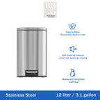  Bathroom Trash Can, 3.1 Gallon Small Stainless Steel Step Garbage Bucket Bin with Soft Close Lid, Silver