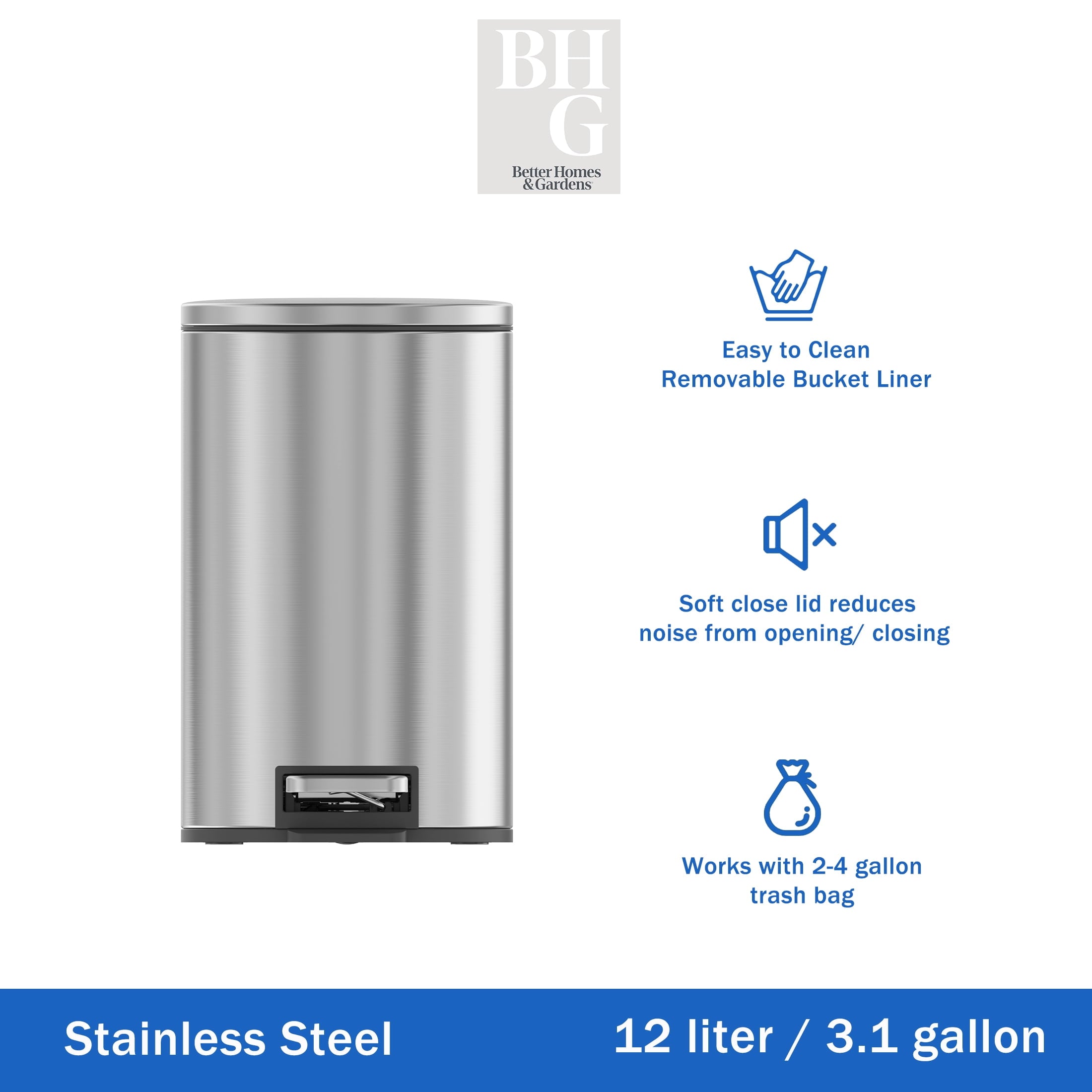  Bathroom Trash Can, 3.1 Gallon Small Stainless Steel Step Garbage Bucket Bin with Soft Close Lid, Silver