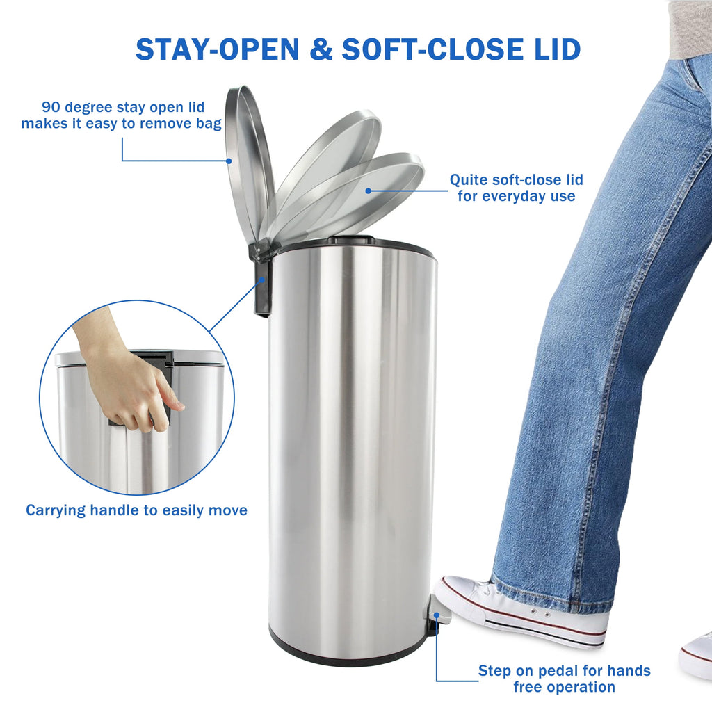  Kitchen Trash Can, 7.9 Gallon Stainless Steel Round Step Garbage Bin with Soft Close Lid, Silver