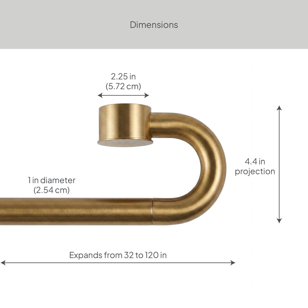  1" Brass Swooping Adjustable Single Curtain Rod, 32-120"