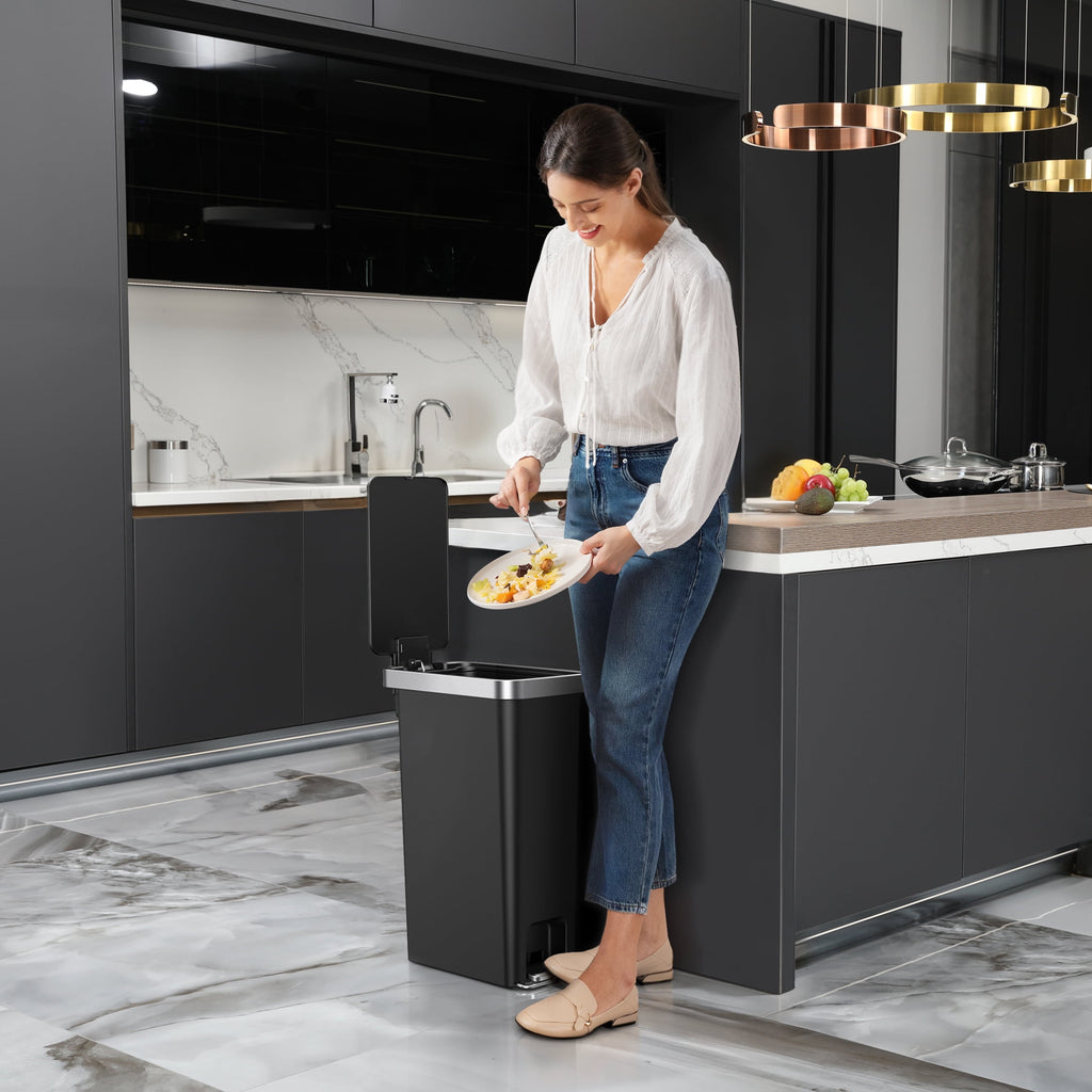  Slim Kitchen Trash Can, 10.5 Gallon Plastic Step Garbage Bin with Soft Close Lid, Black