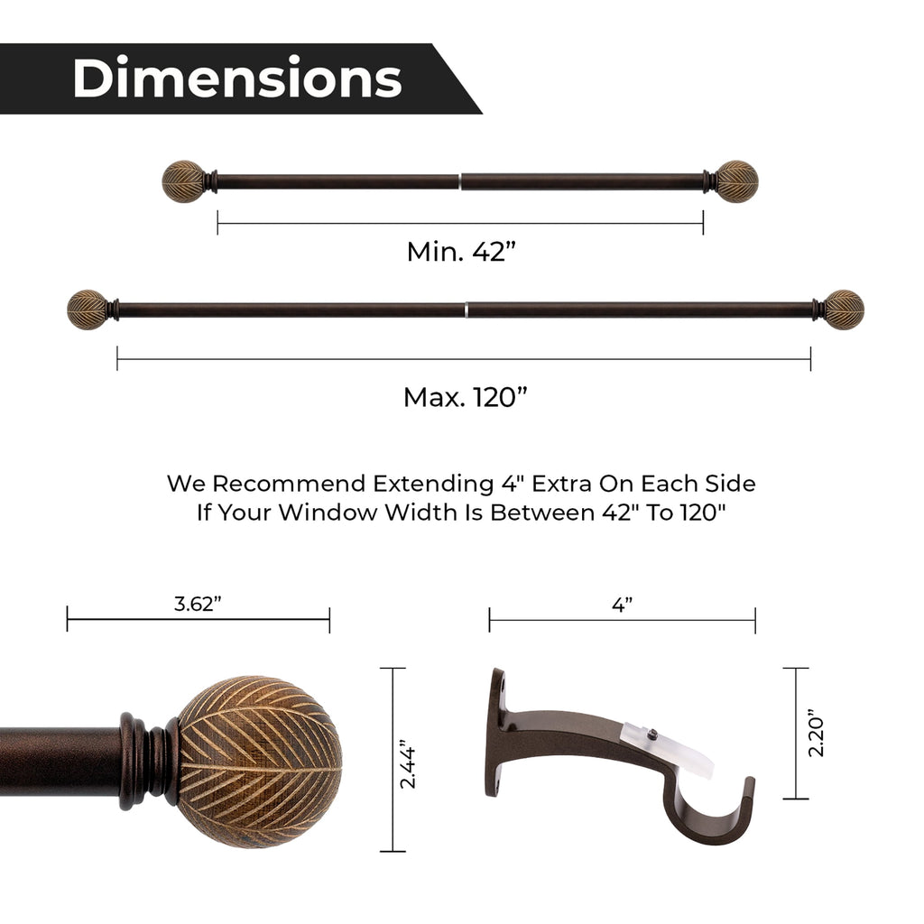  1 inch Extendible Curtain Rod 42" to 120" with Moroccan Leaf Finials Brown