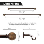  1 inch Extendible Curtain Rod 42" to 120" with Moroccan Leaf Finials Brown