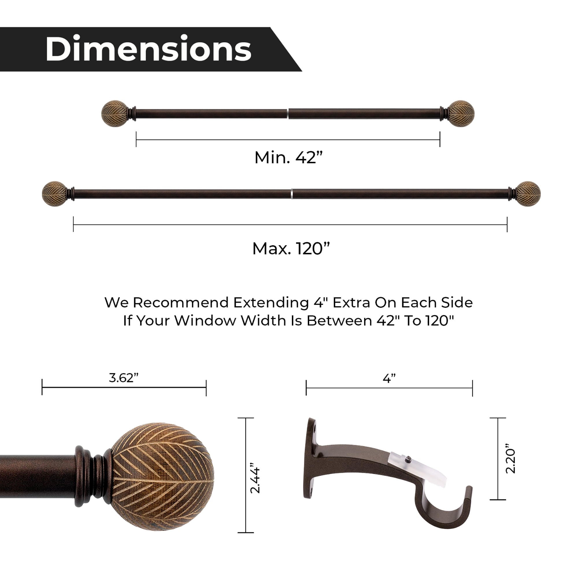  1 inch Extendible Curtain Rod 42" to 120" with Moroccan Leaf Finials Brown