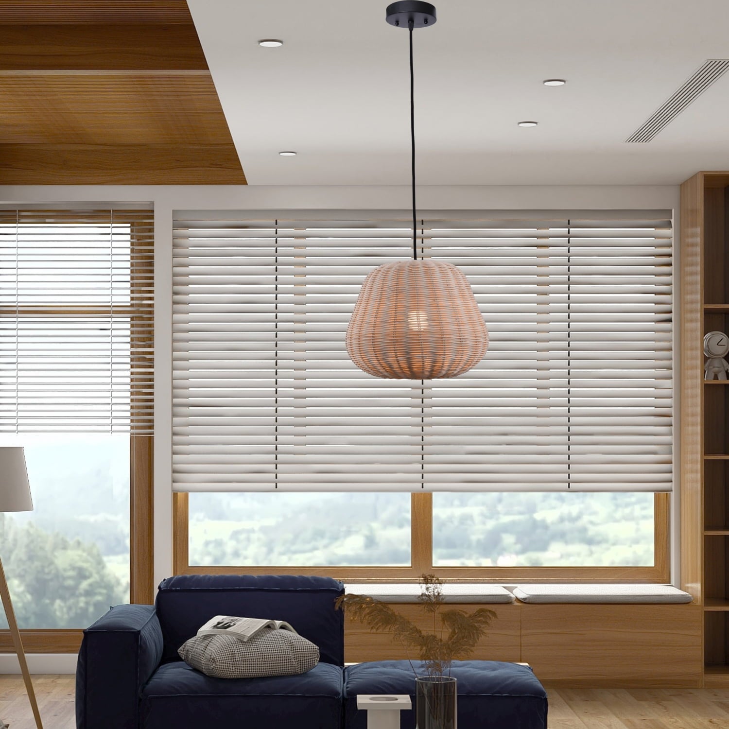  50" Natural Woven Pendant LED A19 1-Light Bulb 8W(60W Equiv), Matte Black