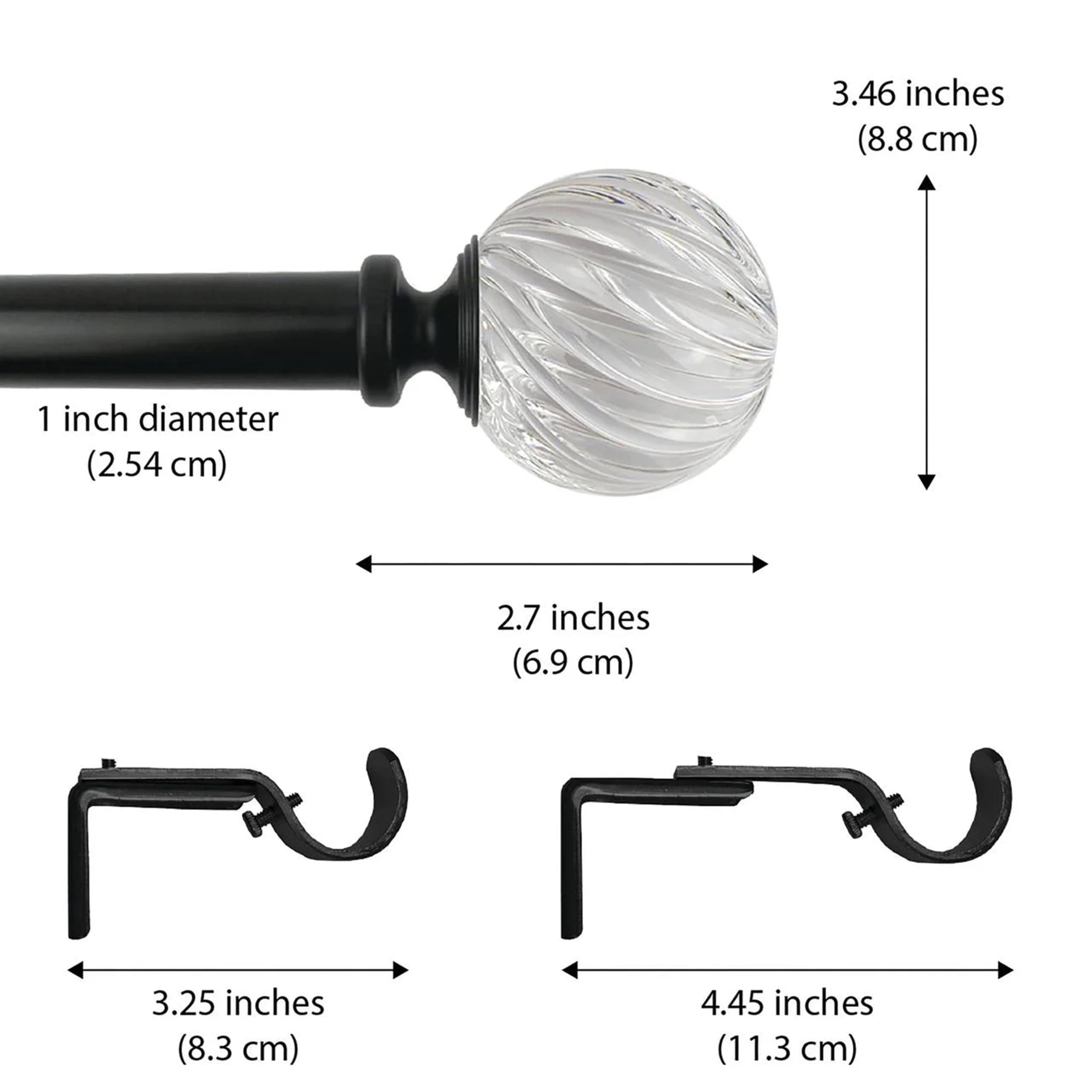 1" Matte Black and Clear Twisted Sphere Adjustable Single Curtain Rod, 32-120"