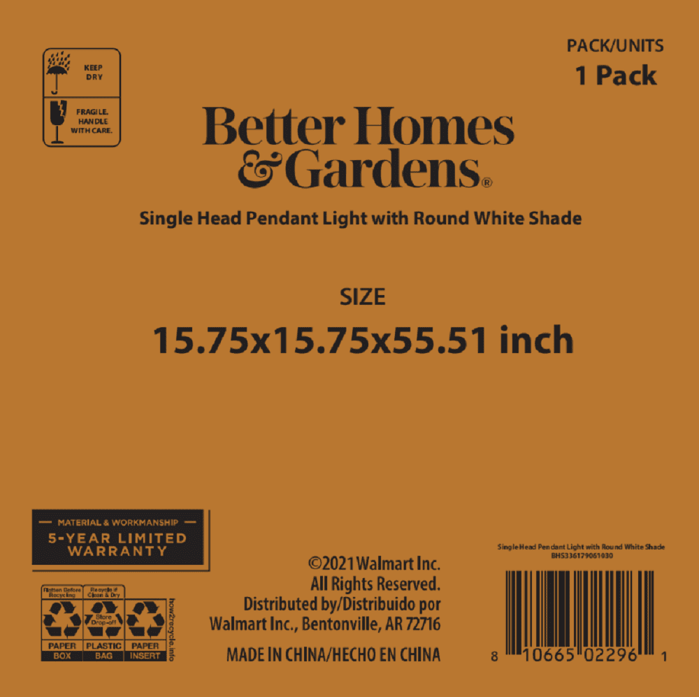 &Gardens Single Head Pendant White,1 A19 Bulb,1PK