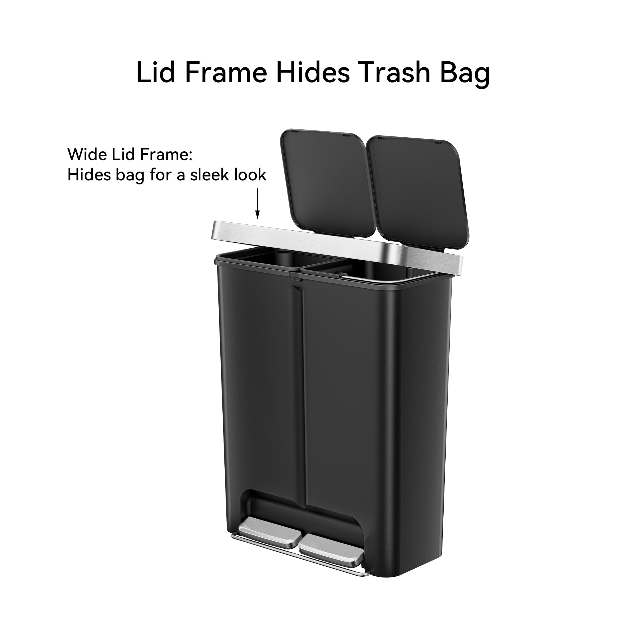  Kitchen Recycle Trash Can, 16 Gallon Plastic Dual Compartment Step Garbage Bin, Black