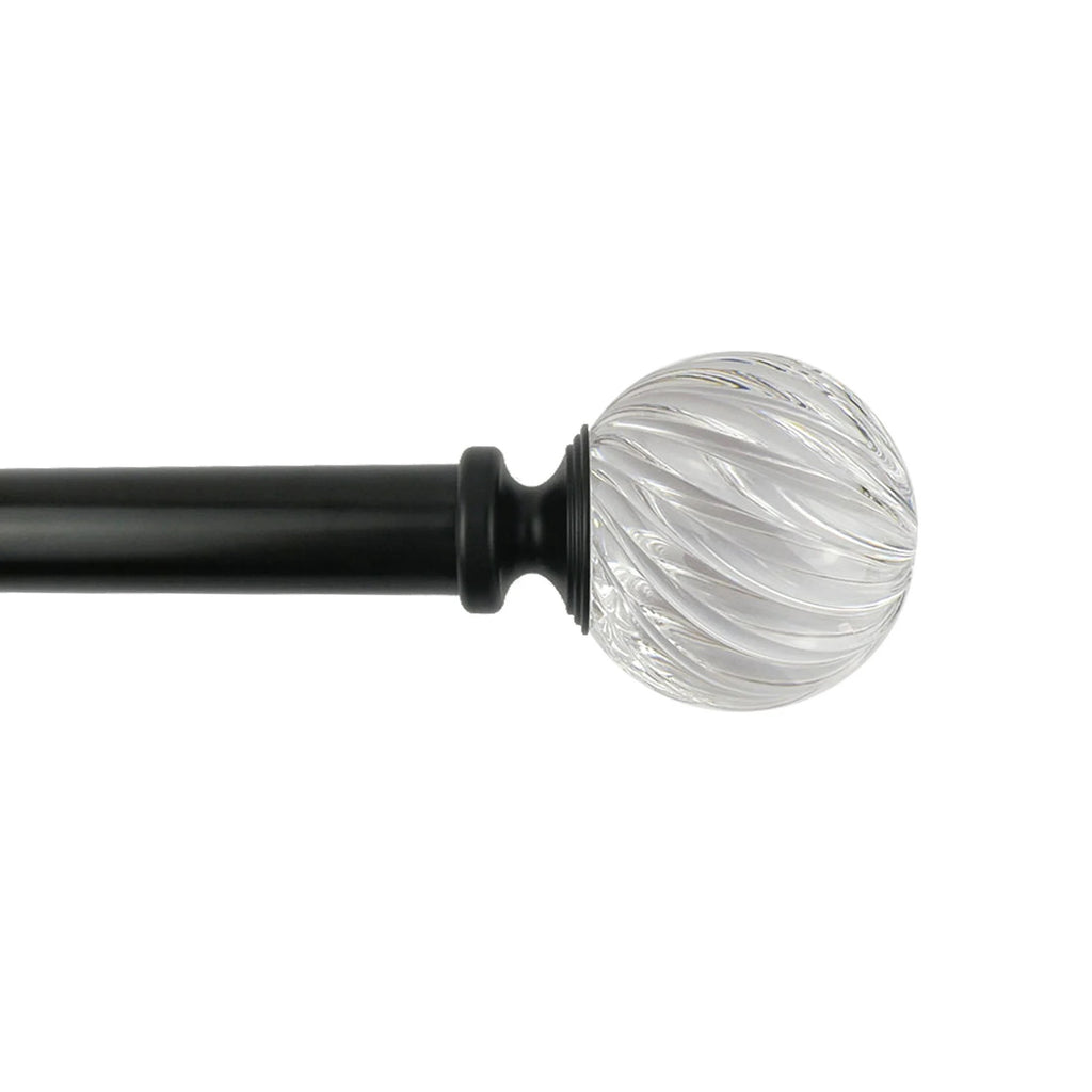  1" Matte Black and Clear Twisted Sphere Adjustable Single Curtain Rod, 32-120"