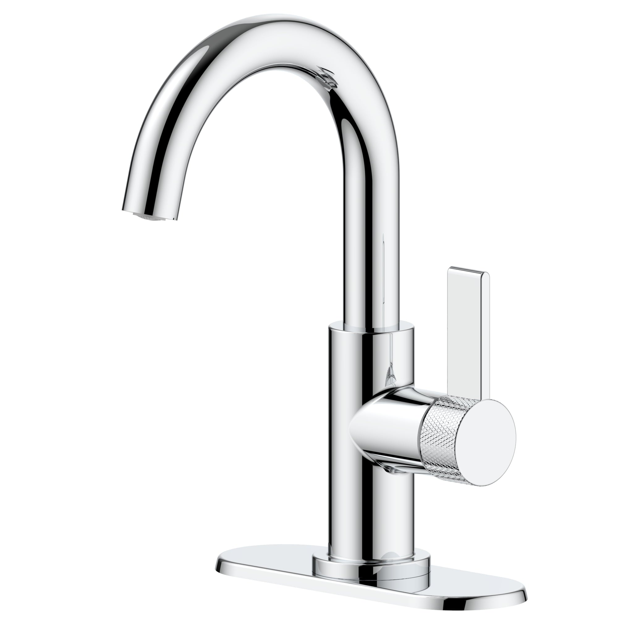  Chrome Single Handle High-Arc Bathroom Faucet with Knurled Handle